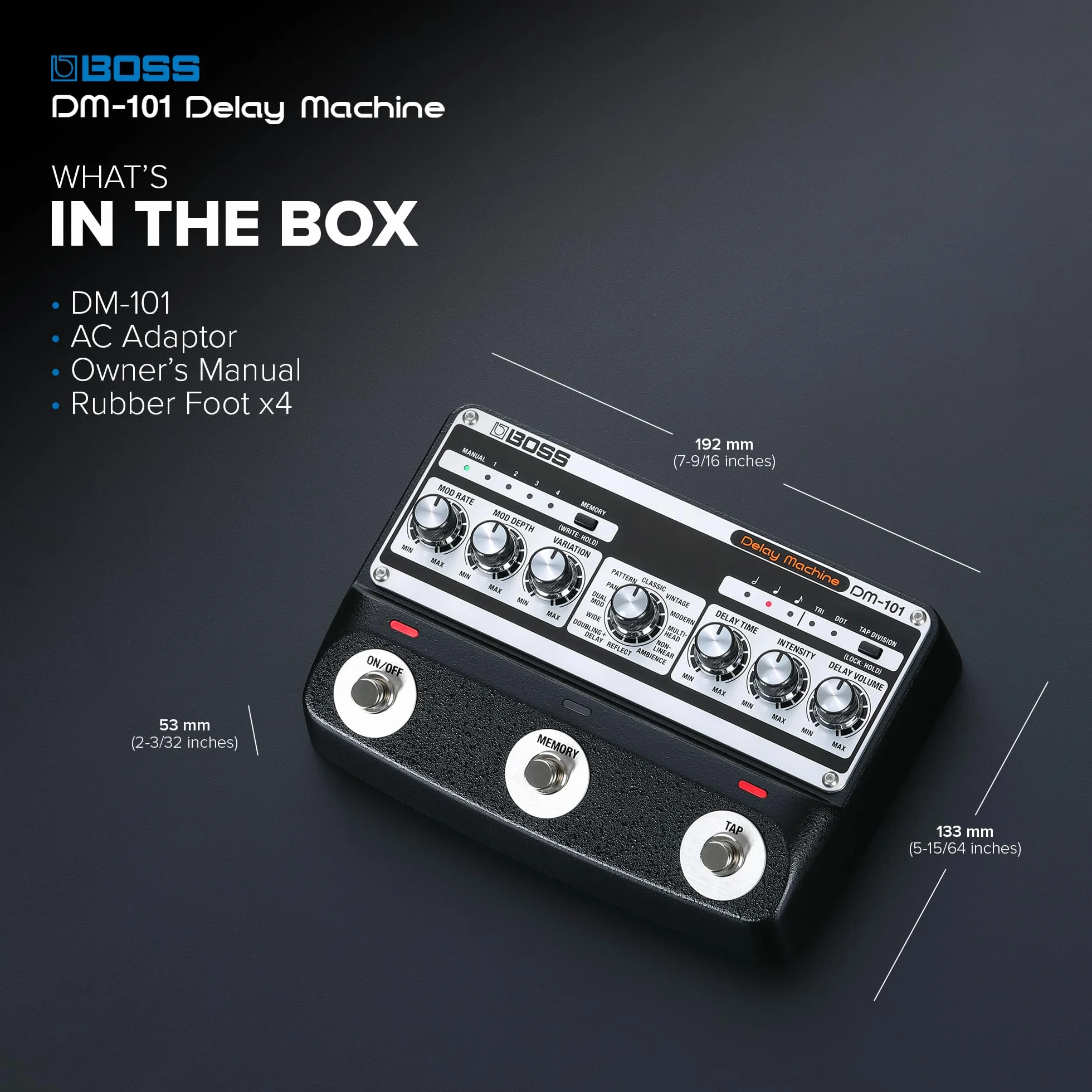 BOSS DM-101 Delay Machine | Pedal de delay analógico definitivo con tecnología avanzada | Sonido cálido, saturado y muy musical | 12 modos diferentes | Operación estéreo | 127 memorias de usuario