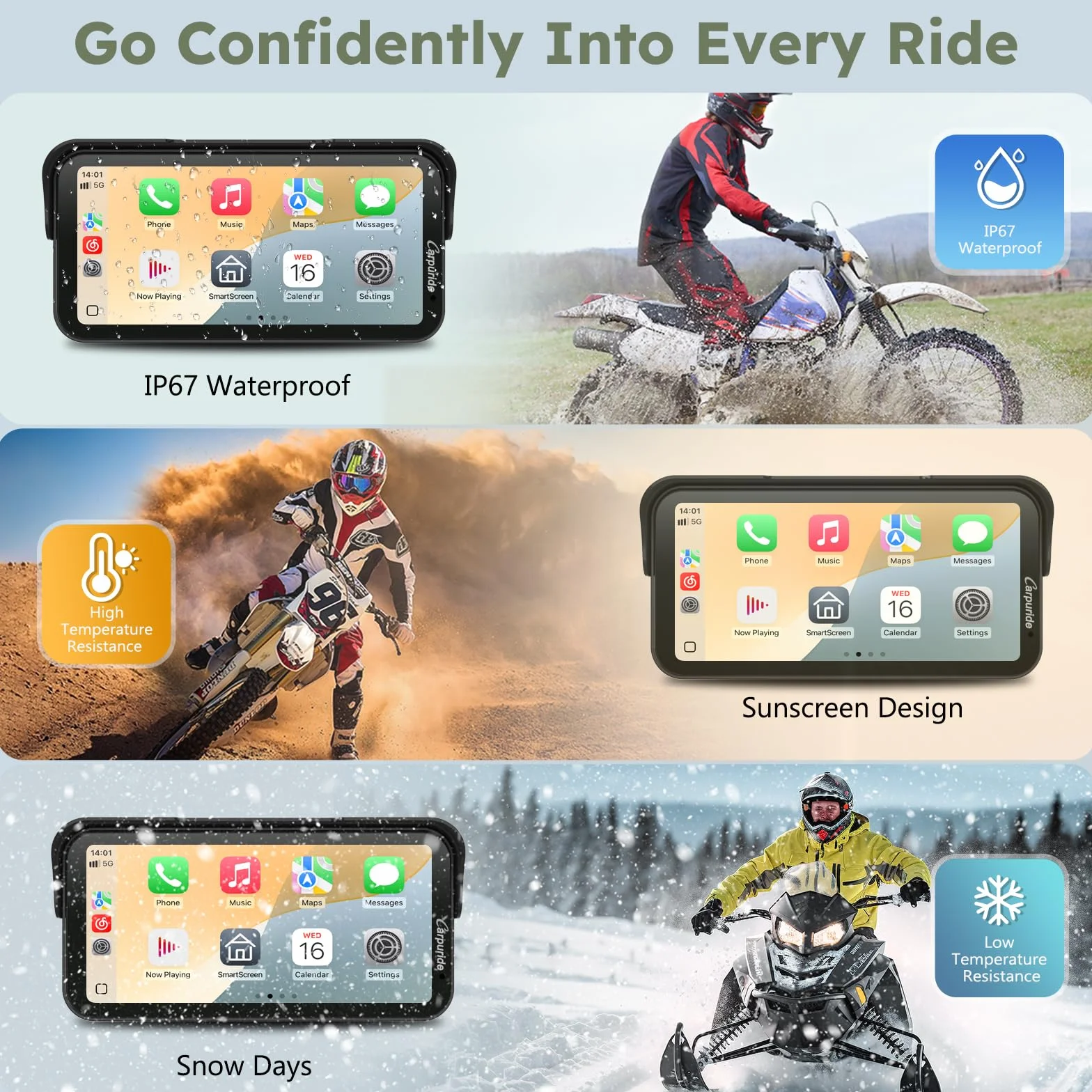 Carpuride Pantalla GPS de motocicleta CarPlay de 6.3 pulgadas sin cables CarPlay y Android Auto para Moto, con cámara doble y TPMS, control remoto, impermeable IP67, BT Audio, grabación en bucle