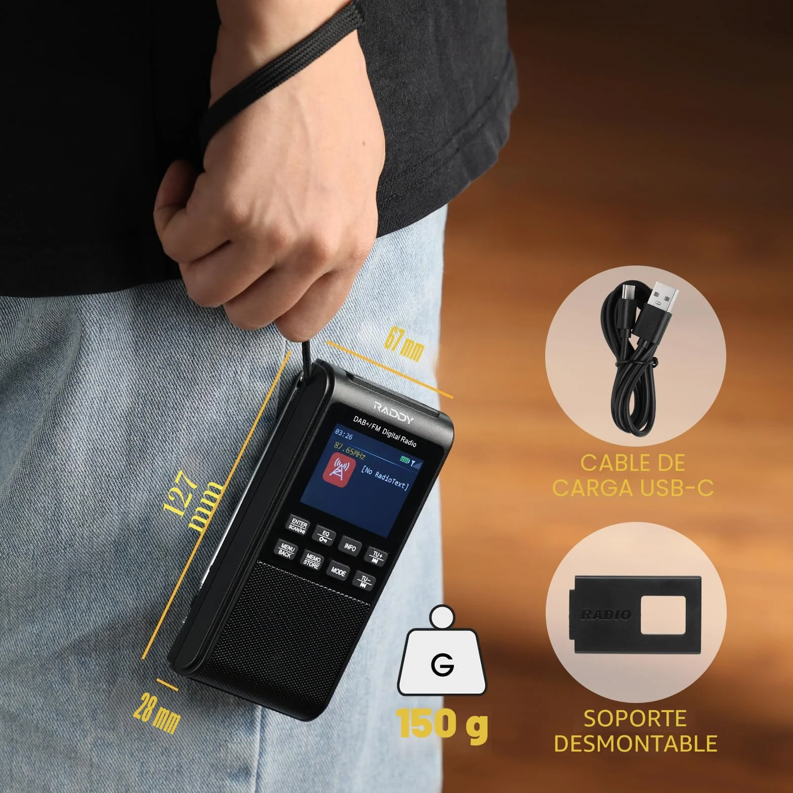 Raddy RD939 Radio portátil DAB FM de bolsillo con BT 5.3, altavoz 5W, pantalla 2", USB-C, batería 1200 mAh