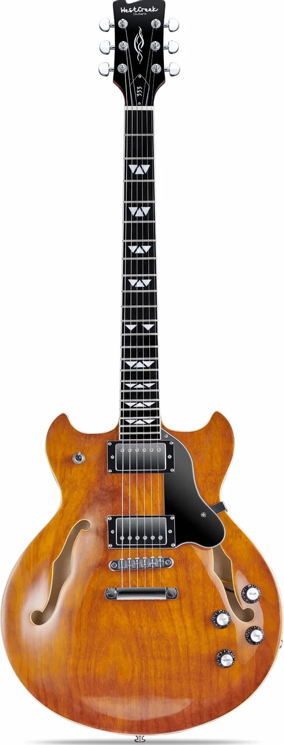 WestCreek Guitars 333 Cuerpo Hueco Guitarra Eléctrica, Jazz Electric Guitar, Cuerpo de Arce, Mástil Arce, diapasón de Palisandro, Cejuela de Hueso, 22 Trastes
