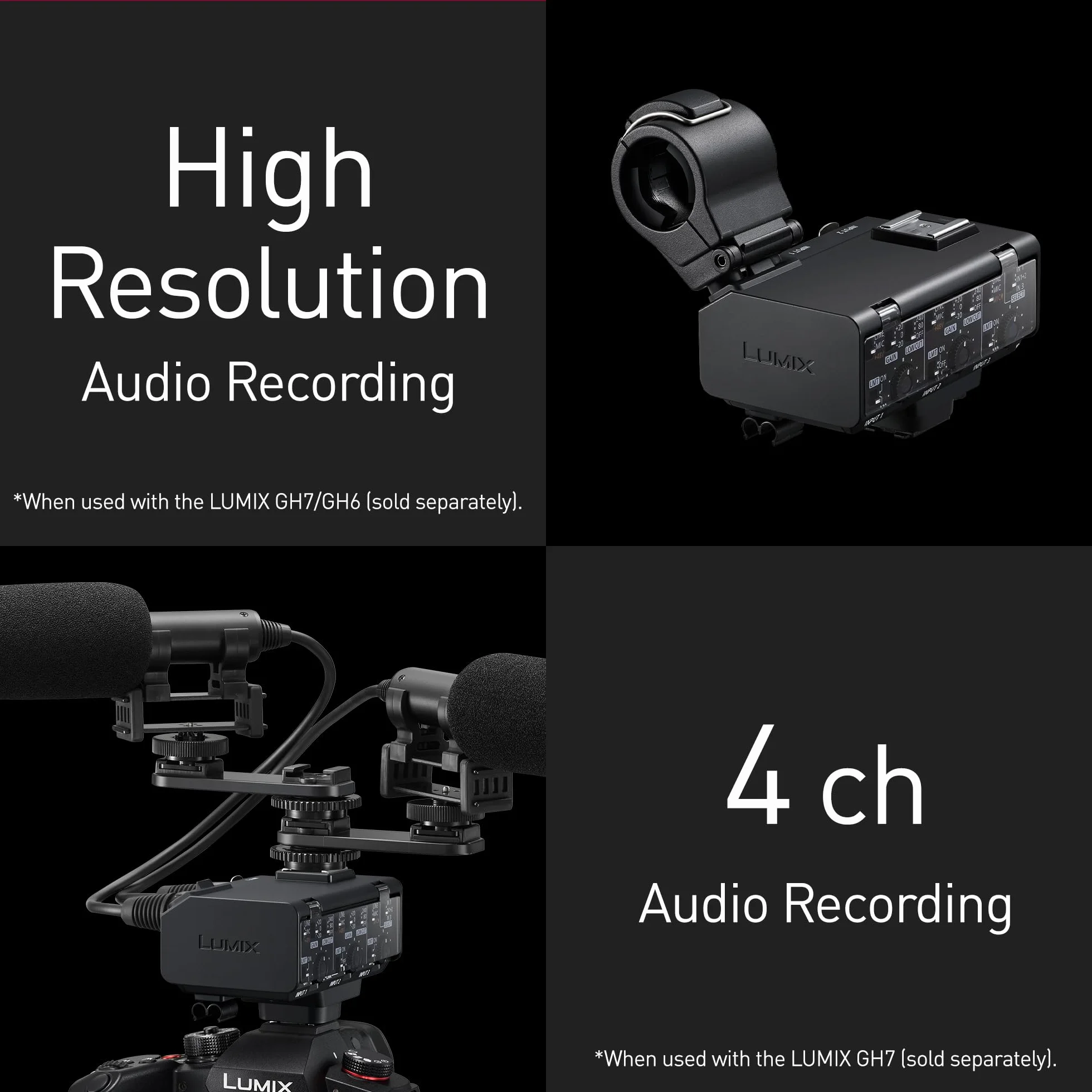 Panasonic Lumix DMW-XLR2 XLR Adaptador de Micrófono Lumix DC-GH7, Grabación 32 bits Punto Flotante, Alta Resolución, 4 Canales, Soporte Micrófono, Miniconector Estéreo 3,5 mm, Negro