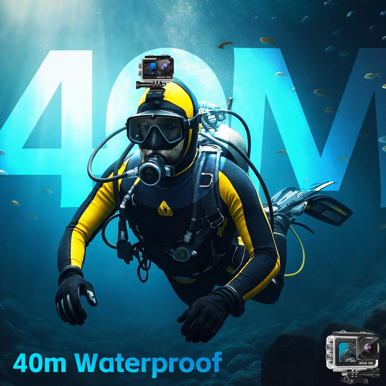 Camara Acuatica FHD 1080P, Cámara Subacuática Resistente al Agua hasta 40 m, Cámara Deportiva de Doble Pantalla con 2 baterías Recargables de 1050 mAh y Juego de Accesorios