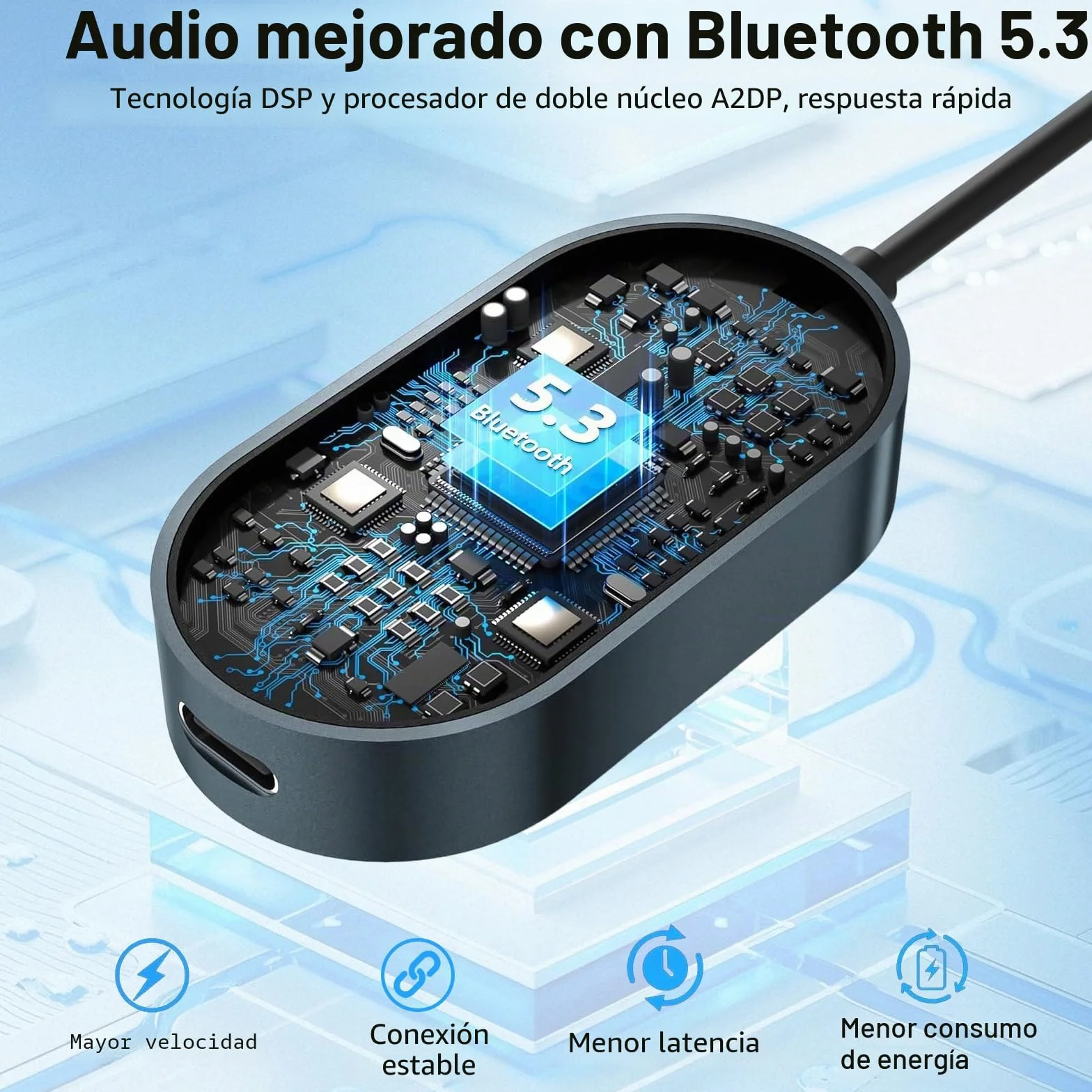 Receptor transmisor Bluetooth 5.3, conector dual para aviones, micrófono para llamadas, adaptador auxiliar 2 en 1 Bluetooth para auriculares, altavoz y coche