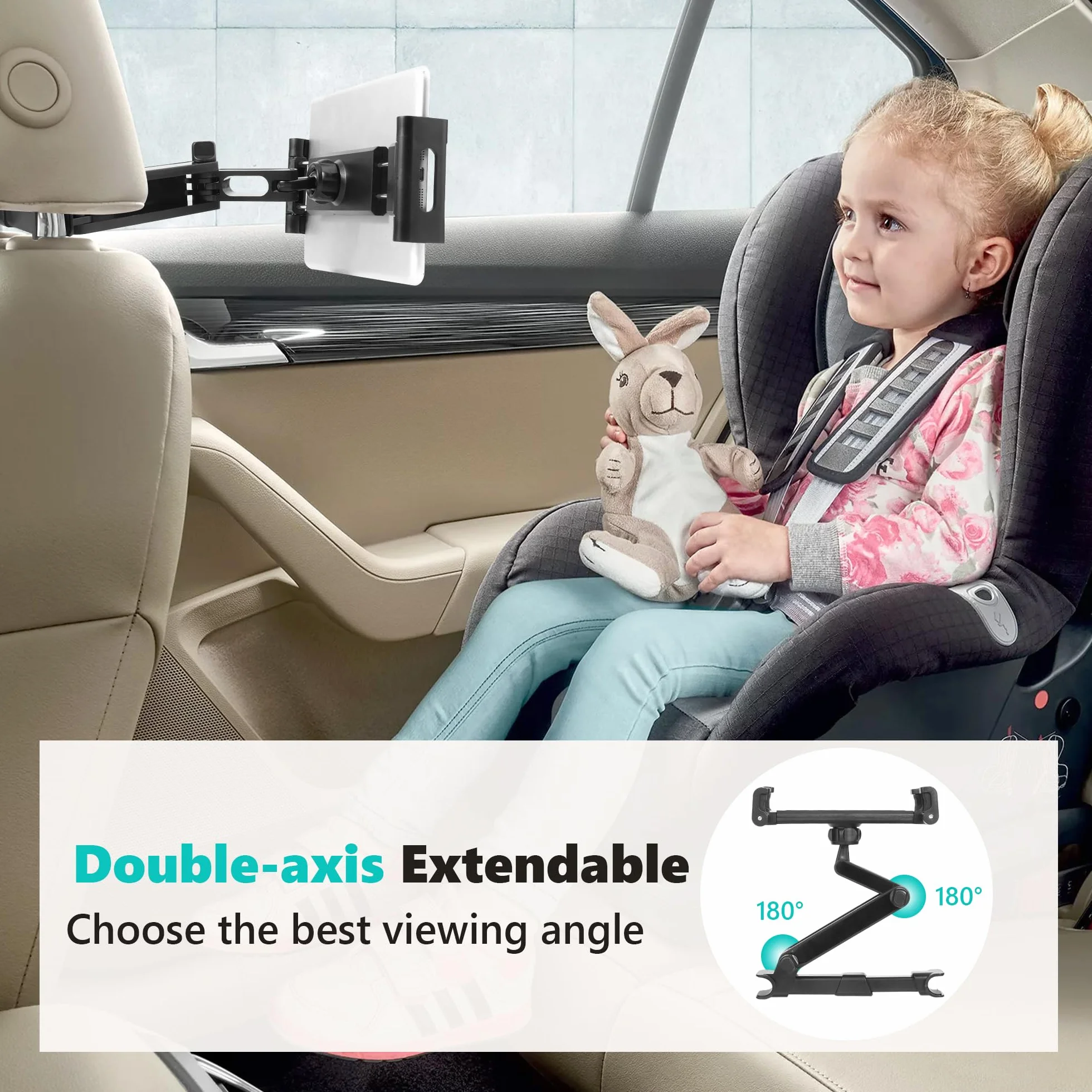 Soporte Tablet Coche, Soporte Reposacabezas Asiento Trasero para automóvil 360°Rotación Soporte de Montaje Extensible Ajustable Diferentes Tamaños para 4-10.6" Pulgada Smartphone