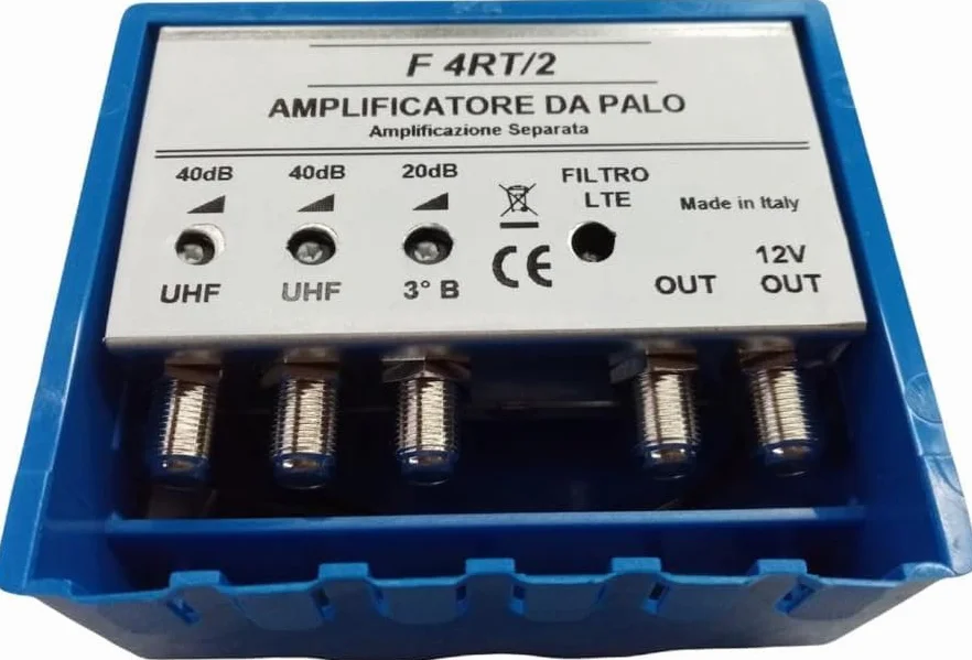 Amplificador de antena de TV de poste con filtro Lte/5G, ganancia máxima 40 dB ajustable, 2 salidas, 2 entradas UHF + 1 VHF, bandas separadas