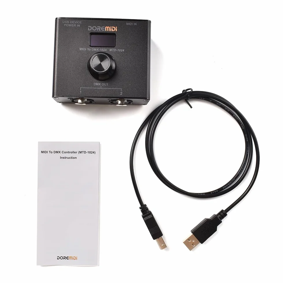 El controlador MIDI a DMX (MTD-1024) puede convertir mensajes MIDI a mensajes DMX