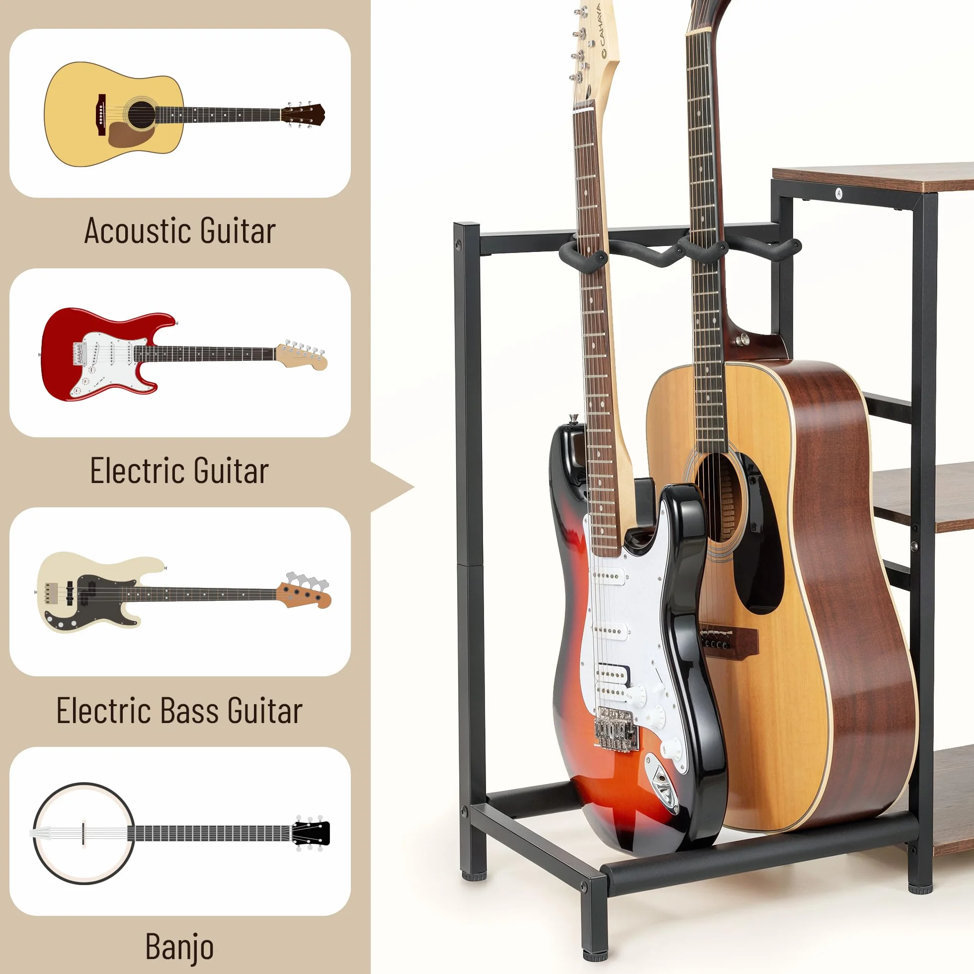 CAHAYA Soporte 4 en 1 para Guitarra Discos – Estantería para 200 LPs con soporte para 2 guitarras – Almacenamiento para Tocadiscos, Guitarra Acústica, Eléctrica Bajo