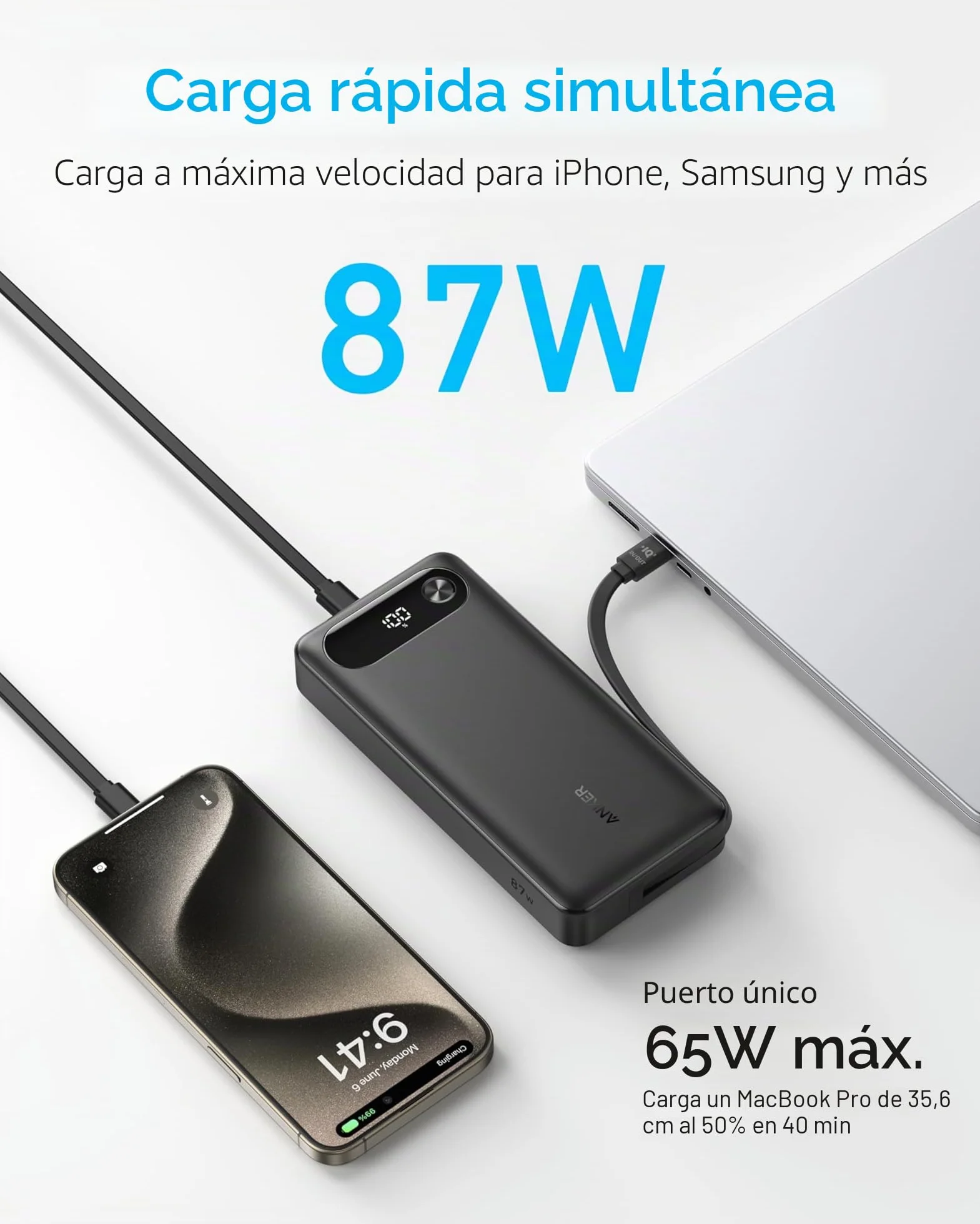 Anker Cargador portátil 20000 mAh con Cable USB C Integrado, batería Carga rápida 87 W, 2 USB-C y A para MacBook iPhone Samsung