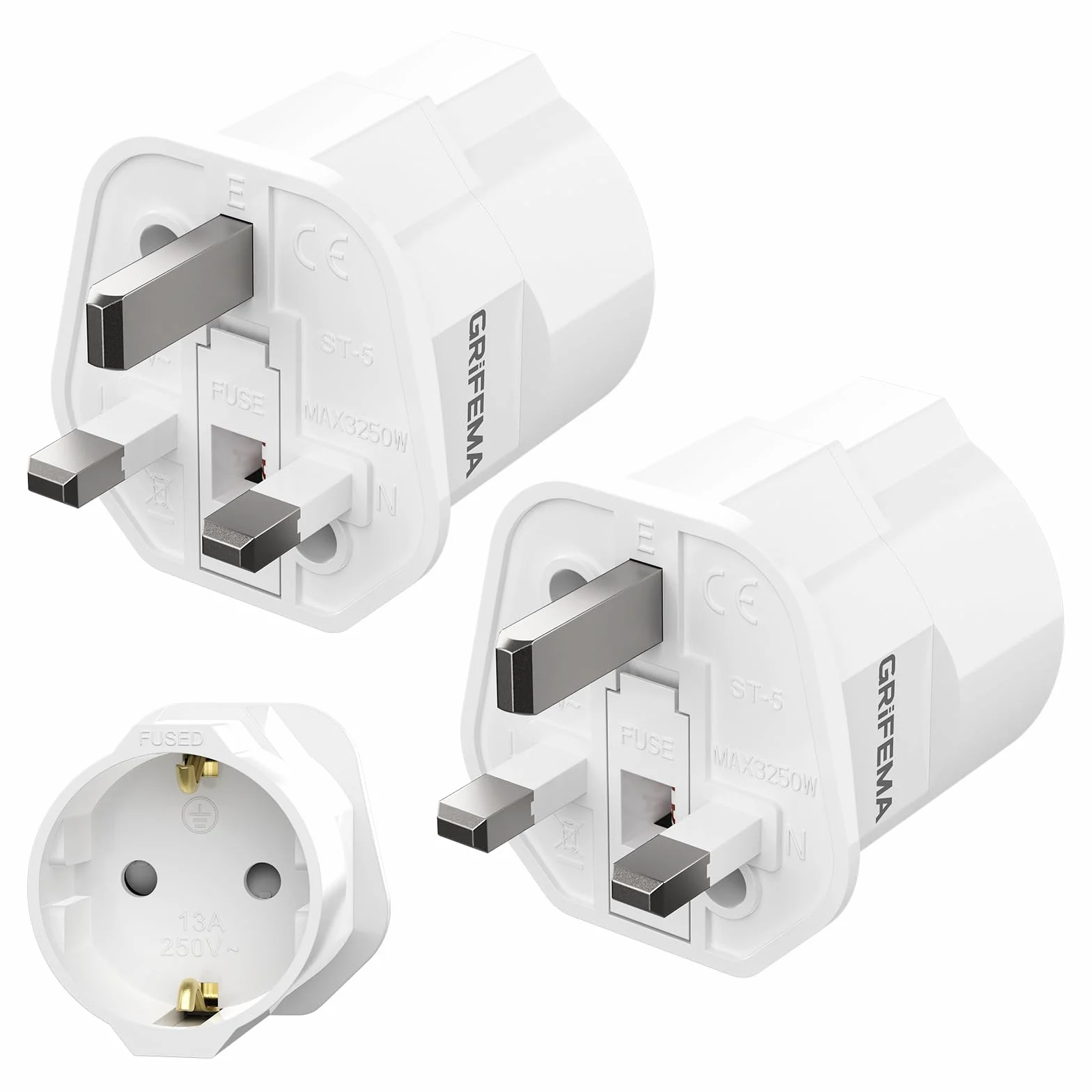 GRIFEMA Adaptador Enchufe UK Tipo G 13A, Convertidor Europeo 2 Pin a UK 3 Pin, Pack de 2