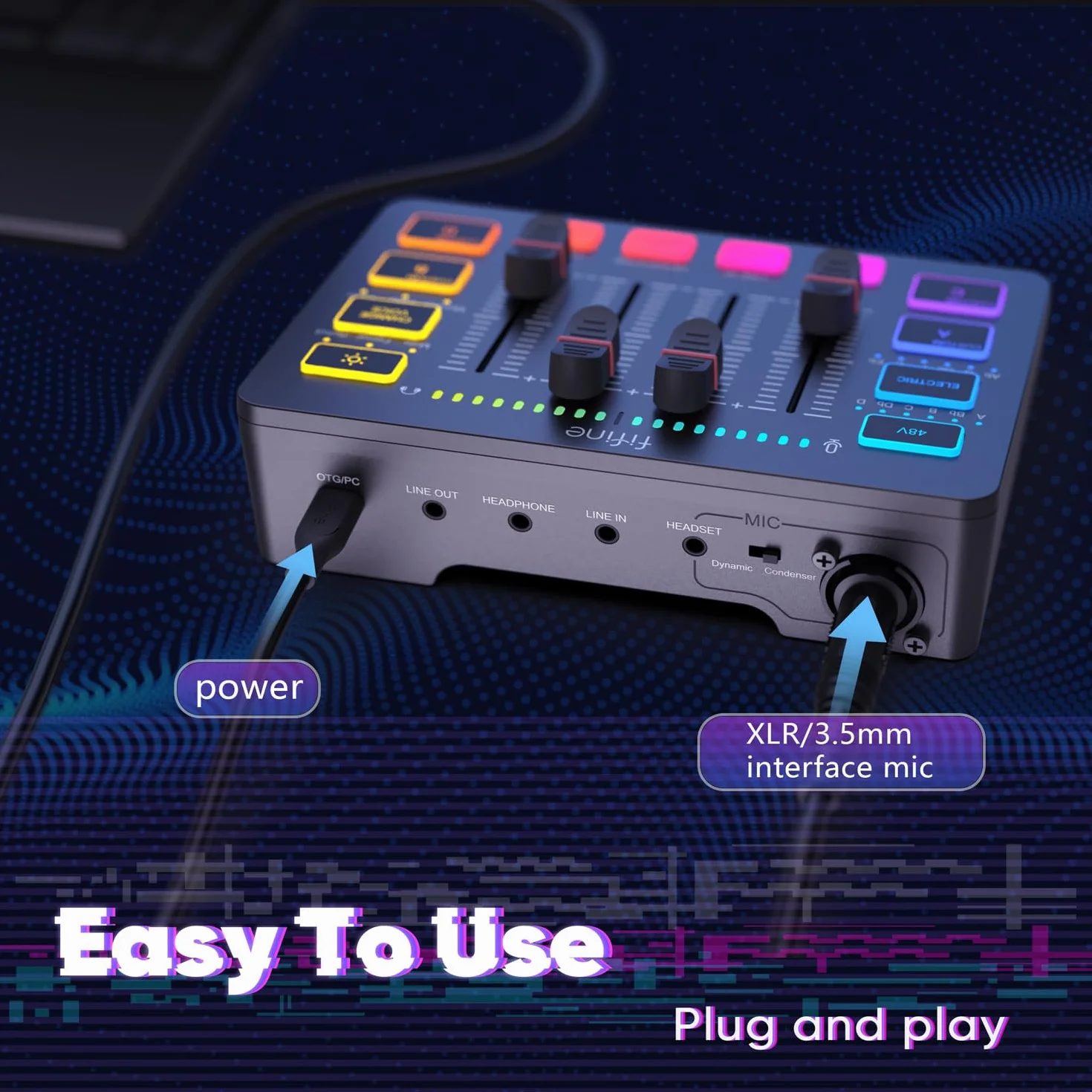 FIFINE XLR Streaming Micrófono Dinámico de Podcast, Mezclador de Audio, RGB Streaming Gaming Audio Mixer PC con Interfaz de XLR (AM8 + SC3)