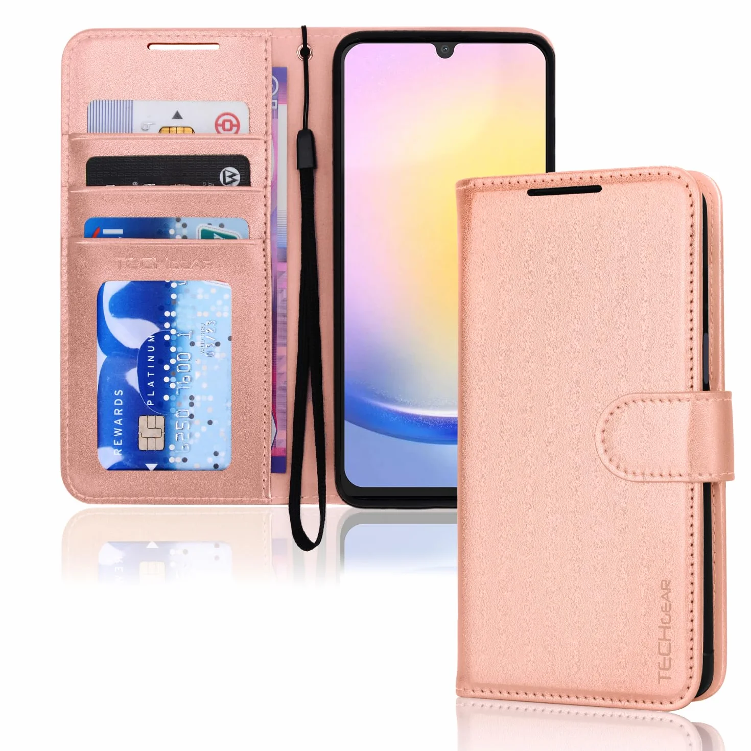 TECHGEAR Funda de Cuero tipo Cartera para Galaxy A25 5G, Funda Protectora con Tapa [BLOQUEO RFID] con Tarjetero, Soporte y Correa para la muñeca - Cuero PU Dorado Rosa con Cierre magnético para Samsun