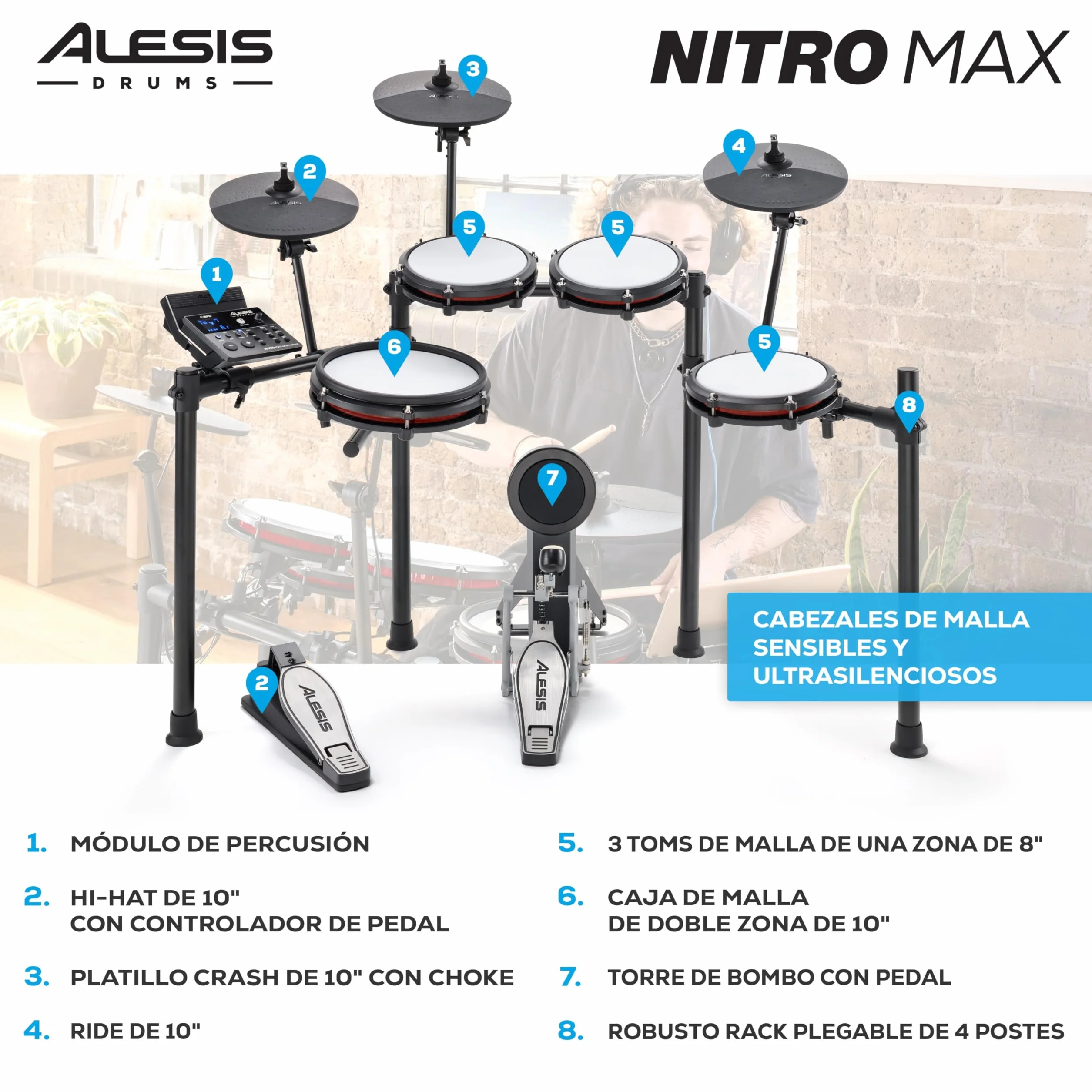 Alesis Nitro Max Kit - Batería Electrónica Compacta con Parches de Malla Silenciosos, Caja de Doble Zona de 10", Bluetooth, +440 Sonidos BFD, Drumeo, USB MIDI, Pedal de Bombo