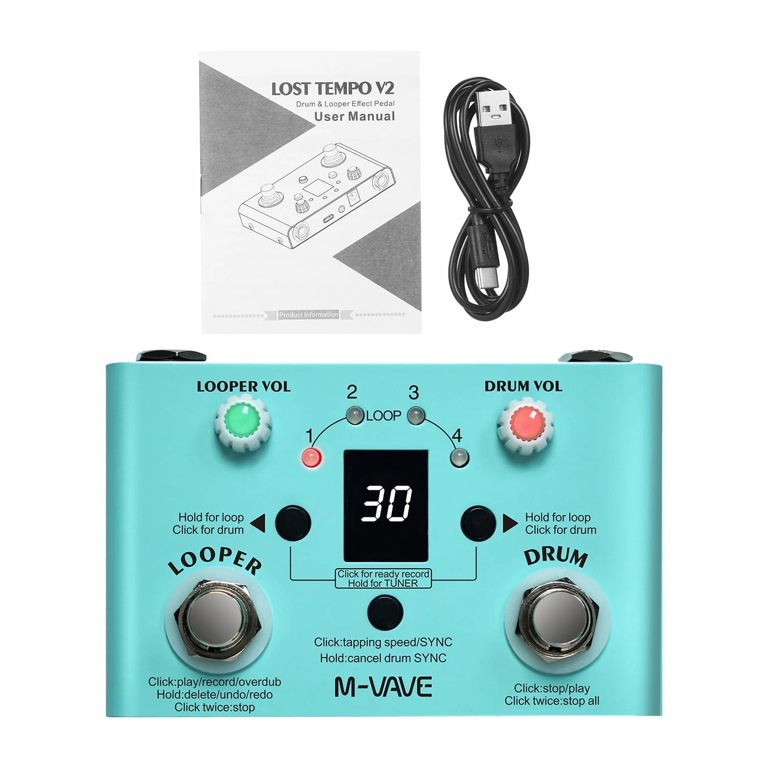 LOST TEMPO Pedal de efectos Drum & Looper Effector Mini 2-in-1 Looper & Drum Machine Doble pedal Looper Pedal Looper Pedal de guitarra 30 tambores y 4 bucles Sintonizador de alta precisión