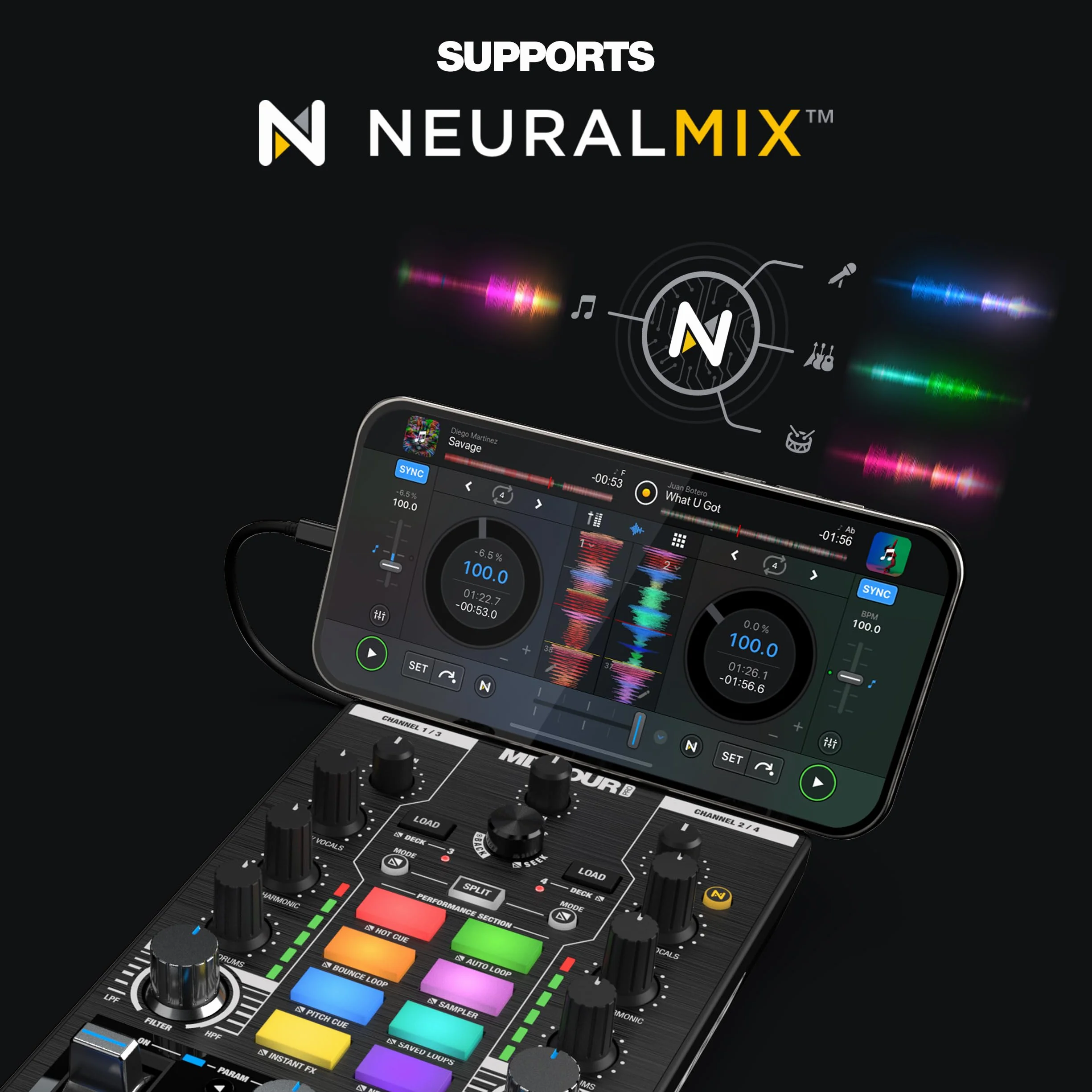 Reloop Mixtour Pro - Controlador de DJ ultraportátil todo en uno de 4 decks para Algoriddim djay Pro