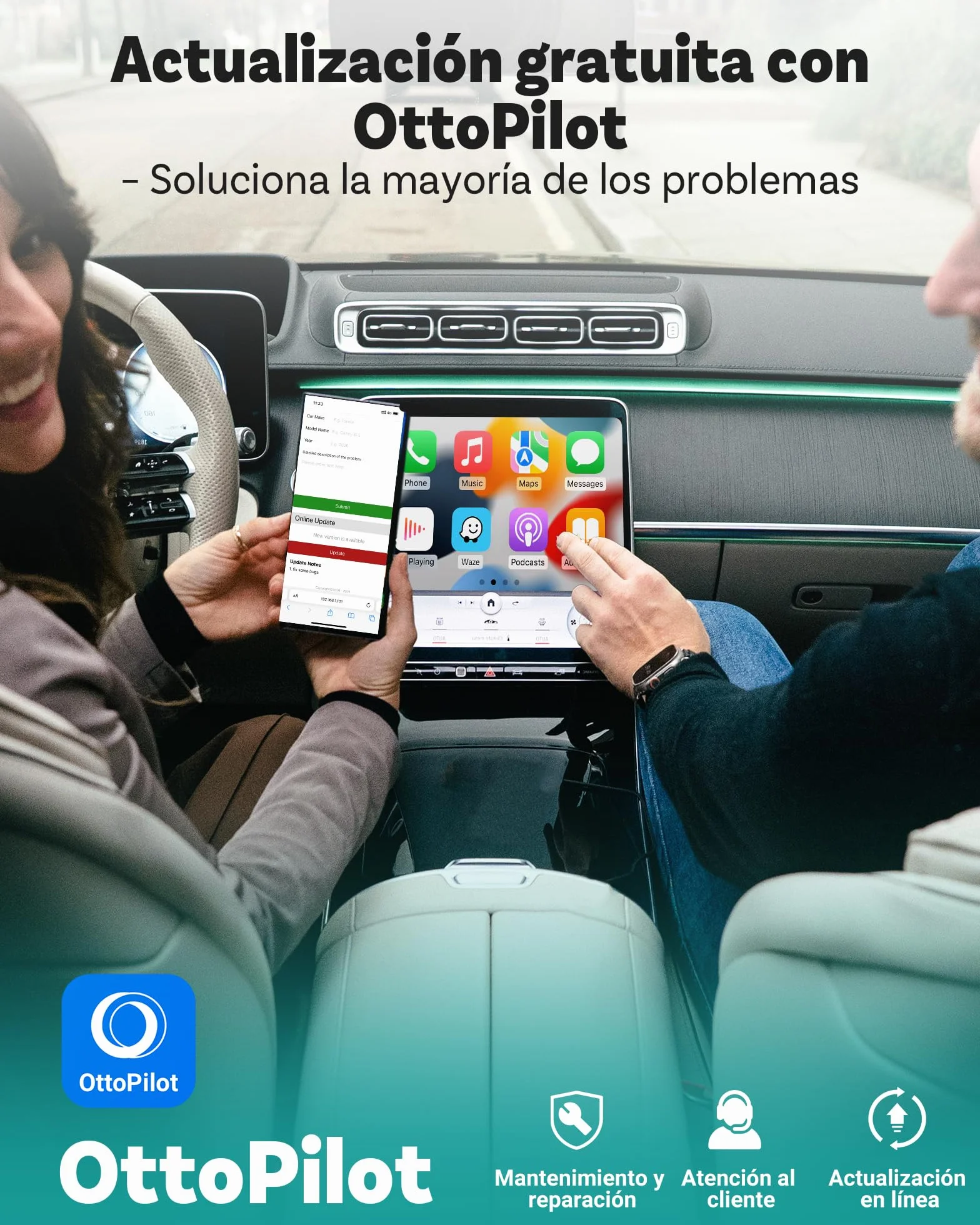 Ottocast Mini Pico, Novedad 2026, Adaptador inalámbrico 2-en-1 CarPlay Android Auto, Cambio de Dispositivo con un Toque, Plug & Play, WiFi 6 y Bluetooth 5.4, Conexión automática para iPhone y Android