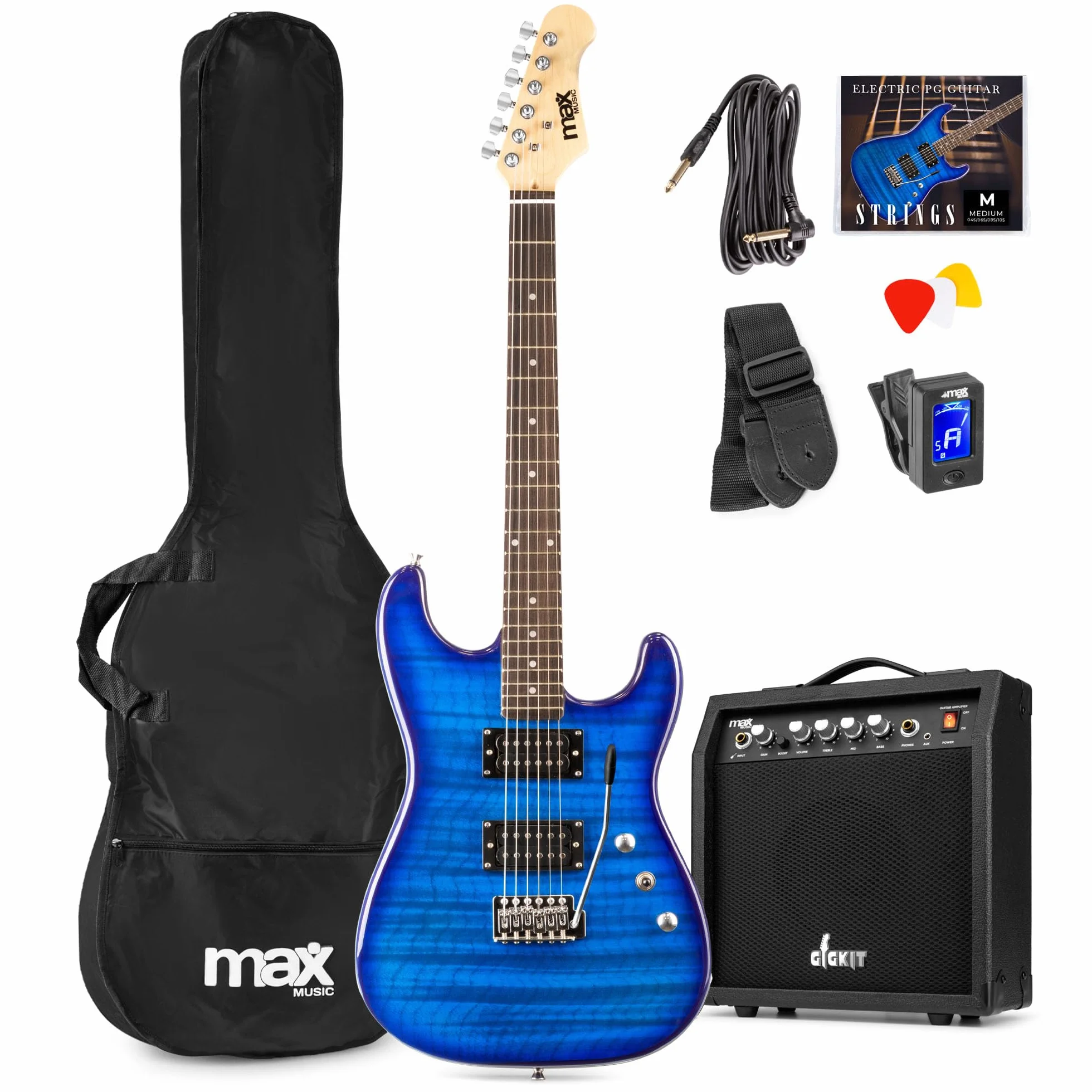 MAX GigKit Pack Guitarra Eléctrica Azul Oscuro Quilted con Amplificador 40W, Afinador, Funda, Correa y Juego de Cuerdas – Set de Iniciación Completo para Principiantes o Regalo Musical Perfecto