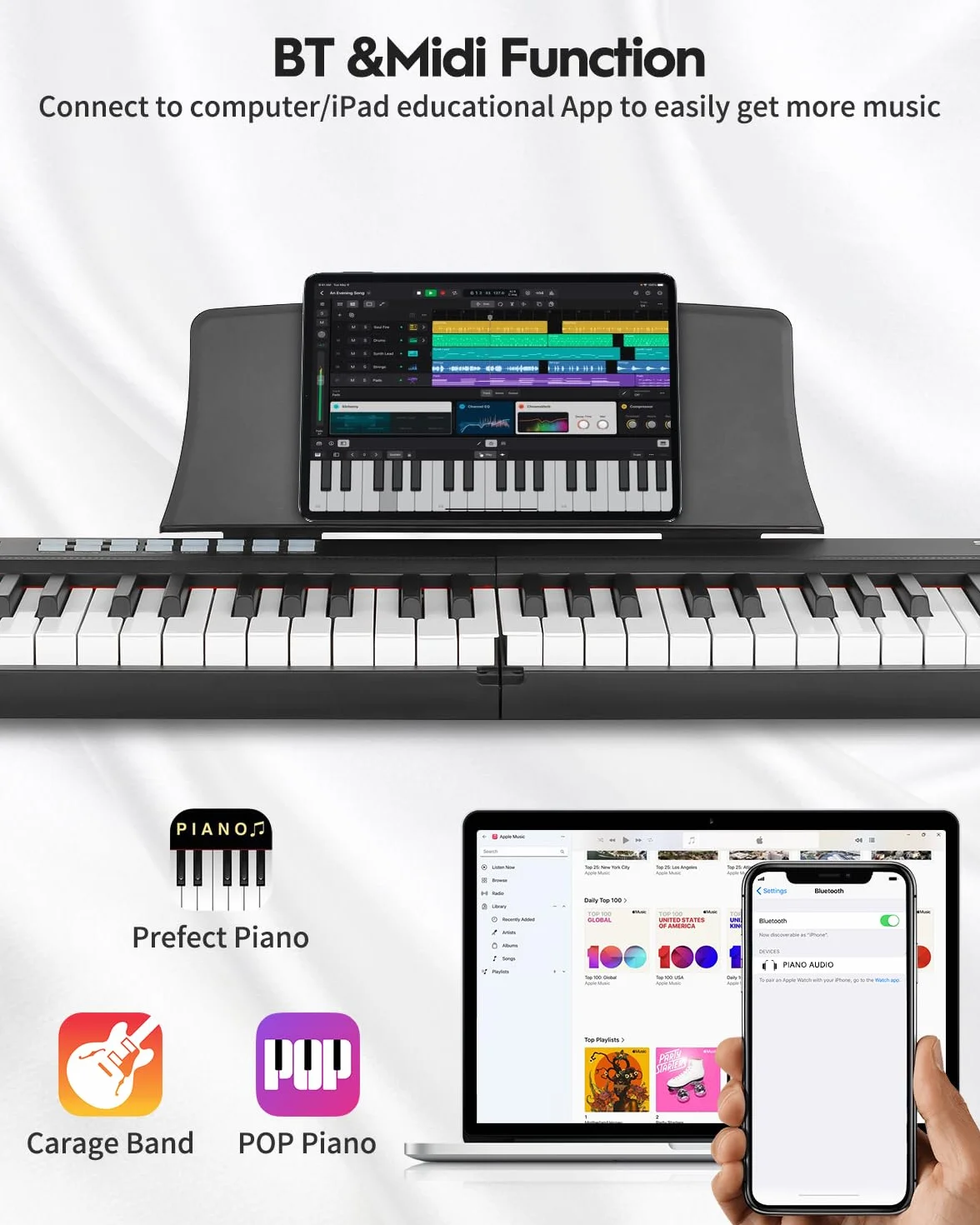 STRICH Piano digital plegable de 88 teclas, teclado eléctrico de tamaño completo con teclas sensibles semipesadas, juego de piano eléctrico portátil para principiantes, paquete con pedal de