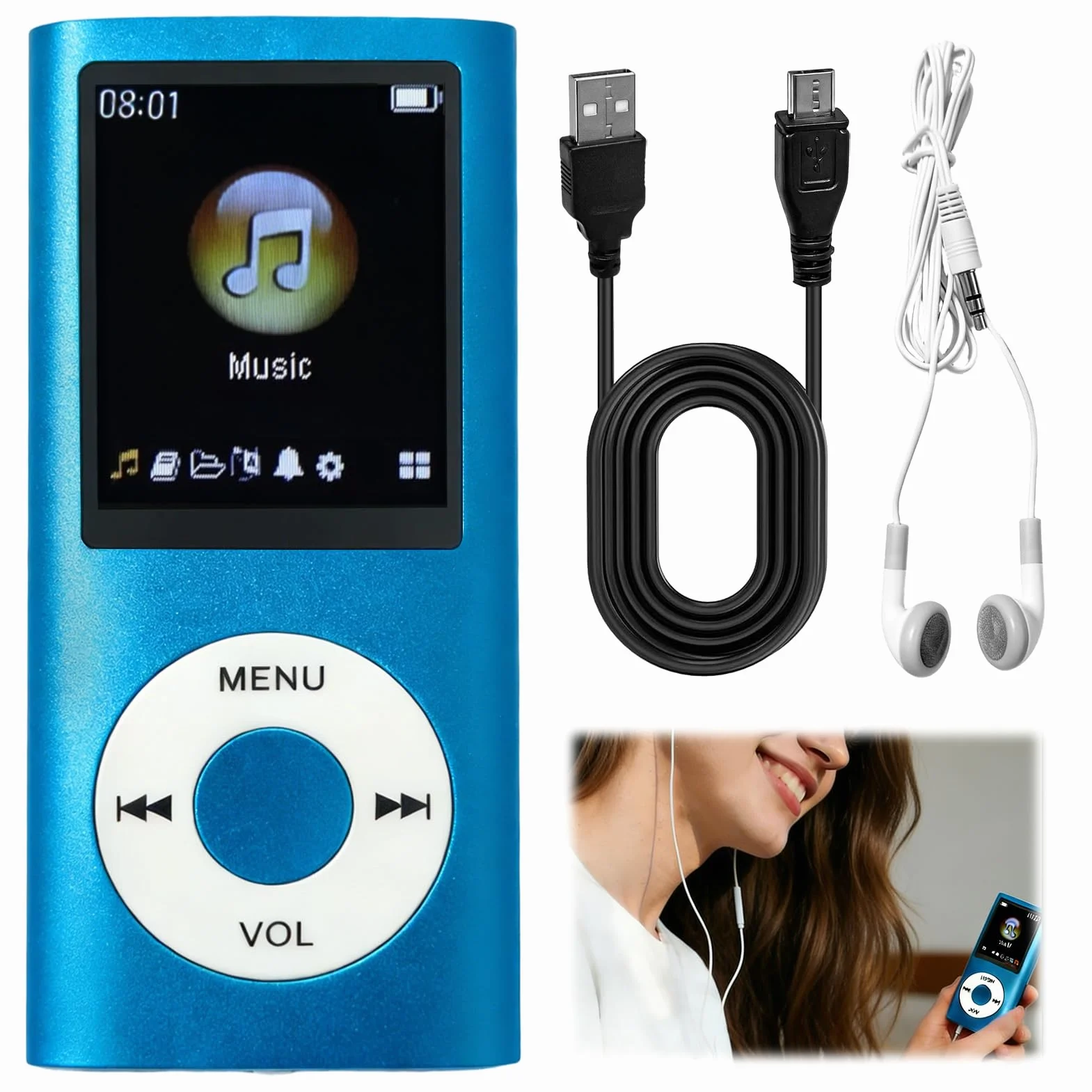 Reproductor MP3 MP4 Portátil con Pantalla LCD 1.8 Pulgadas, Radio FM, Grabación y Auriculares - Azul