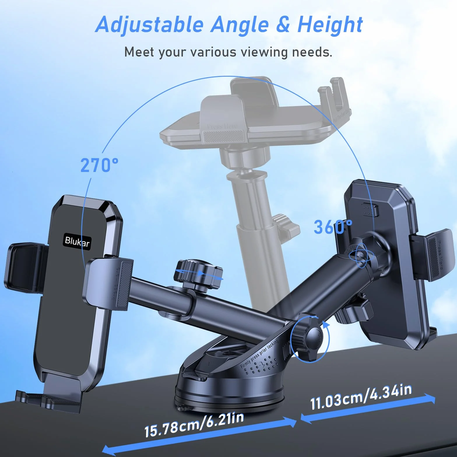 Blukar Soporte Móvil Coche, 2023 Upgraded Ajustable Soporte Teléfono Coche con Ventosa Fuerte & 360° Rotación - Liberación de un Botón Porta Movil Coche para Todos los Teléfonos de 4.0''-7.0'' (Negro)
