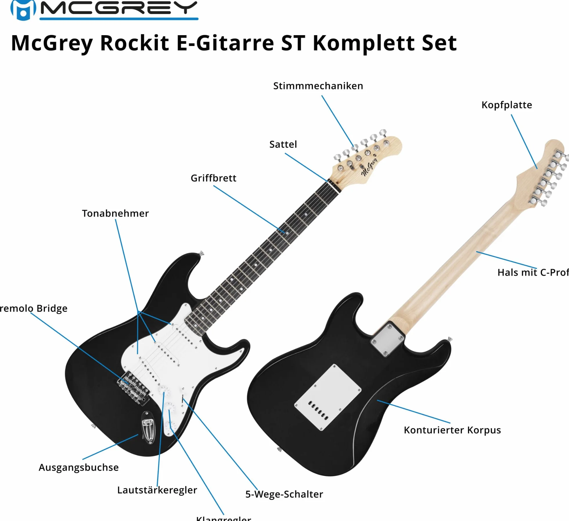 McGrey Rockit ST Set Completo E-Guitarra (set para principiantes de 8 piezas con guitarra, amplificador, cuerdas de repuesto, funda para guitarra, afinador, púas, correa y cable de guitarra) Negro