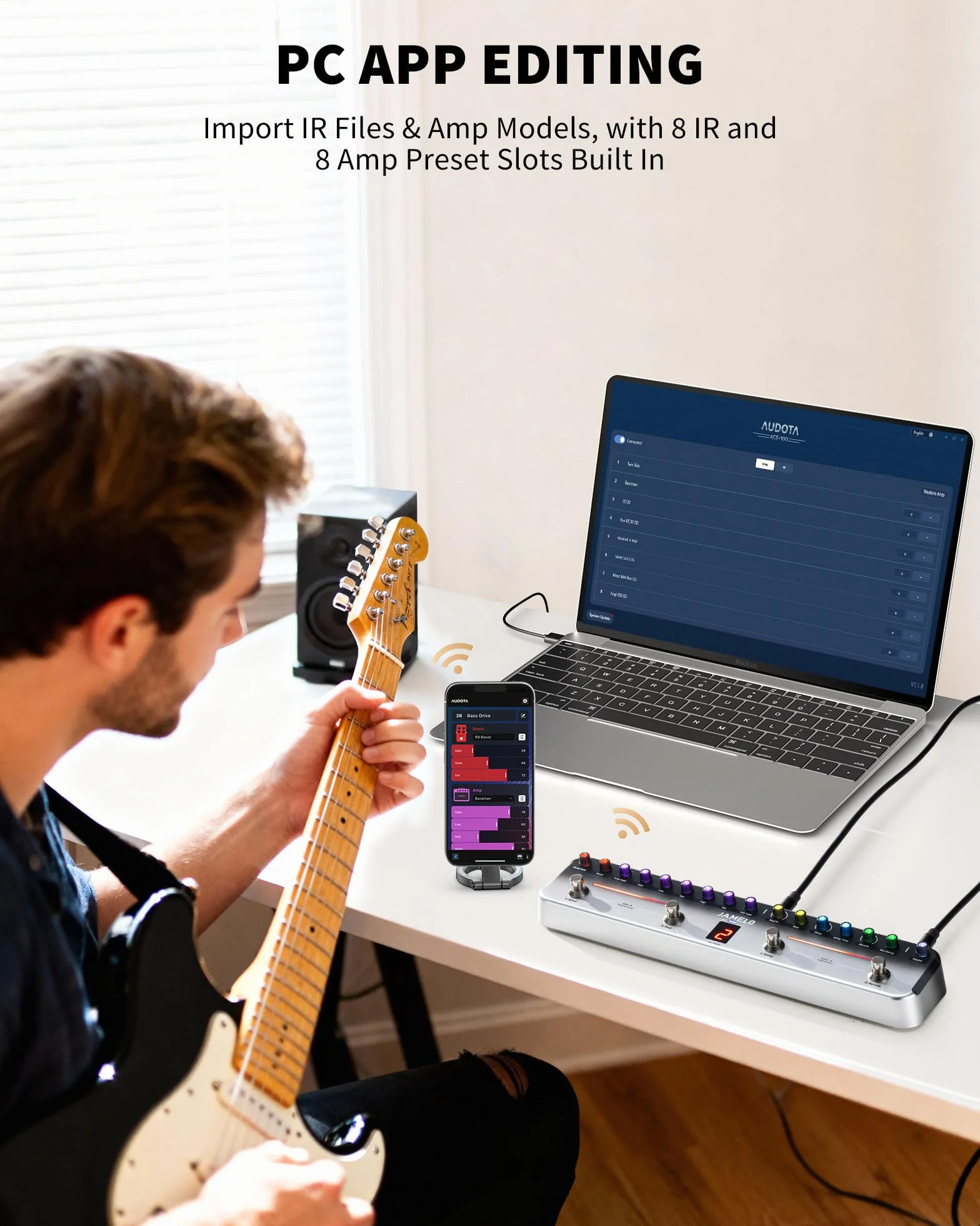 Pedal de efectos múltiples, procesador de efectos de guitarra JAMELO con 8 AMP y 8 CAB, reverberación, retardo, coro, puerta, aumento, recargable, Bluetooth y grabación, control por aplicación, 40