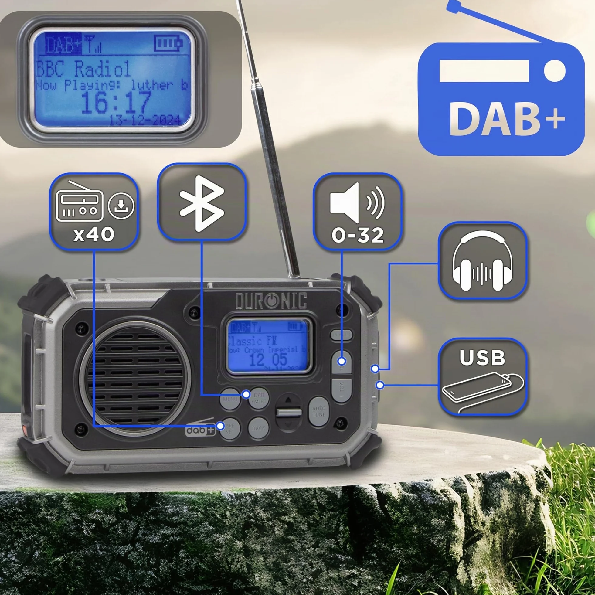 Duronic SDAB1 Radio Solar - Radio Emergencia Solar Dinamo, Radio con Manivela, Radio Dinamo, Linterna Radio Manivela Solar, Radio Supervivencia, Radio a Pilas y Solar Wind Up Radio FM Dab+ Bluetooth