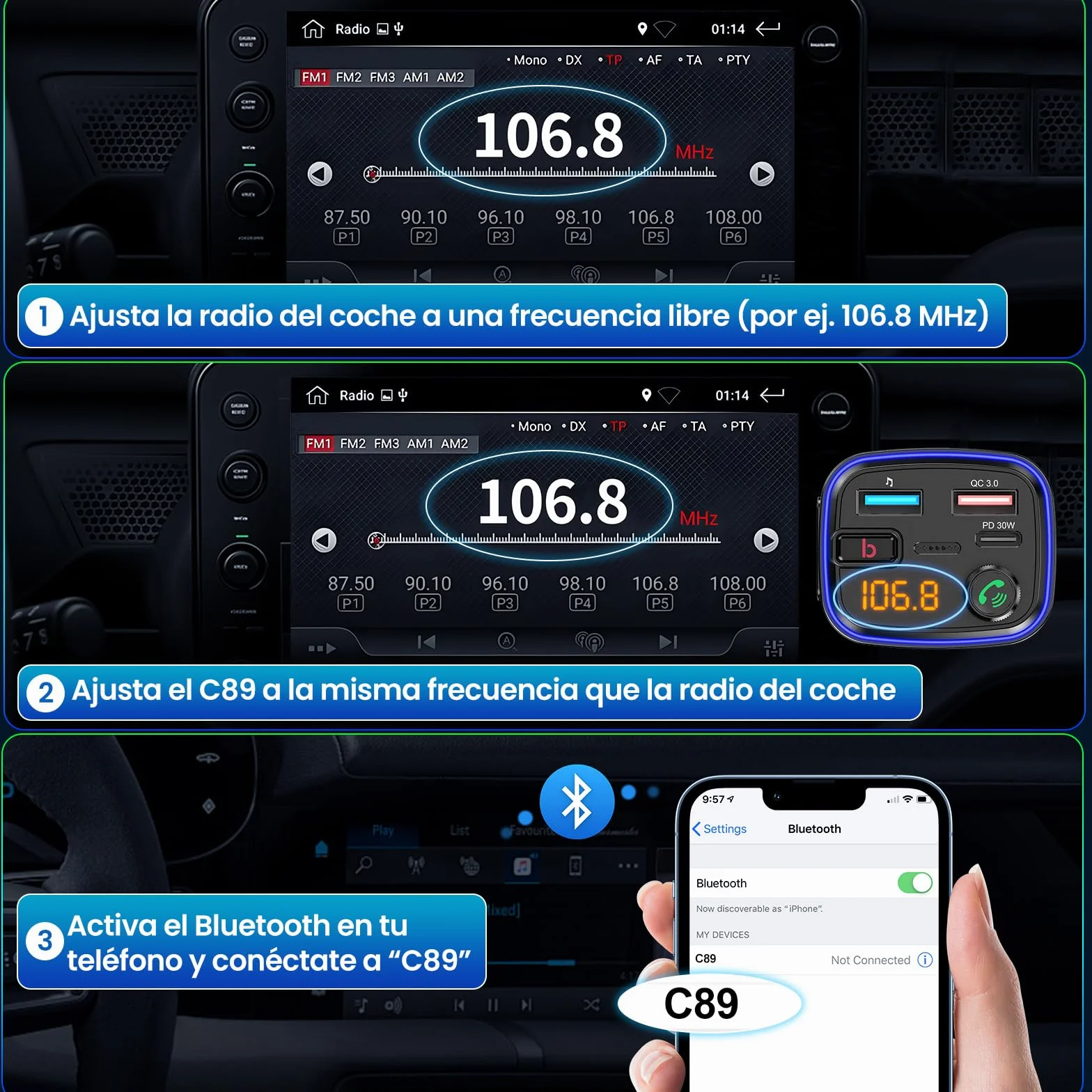 Gizmovine Transmisor FM Bluetooth Coche USB C PD 30W QC3.0 18W Manos Libres