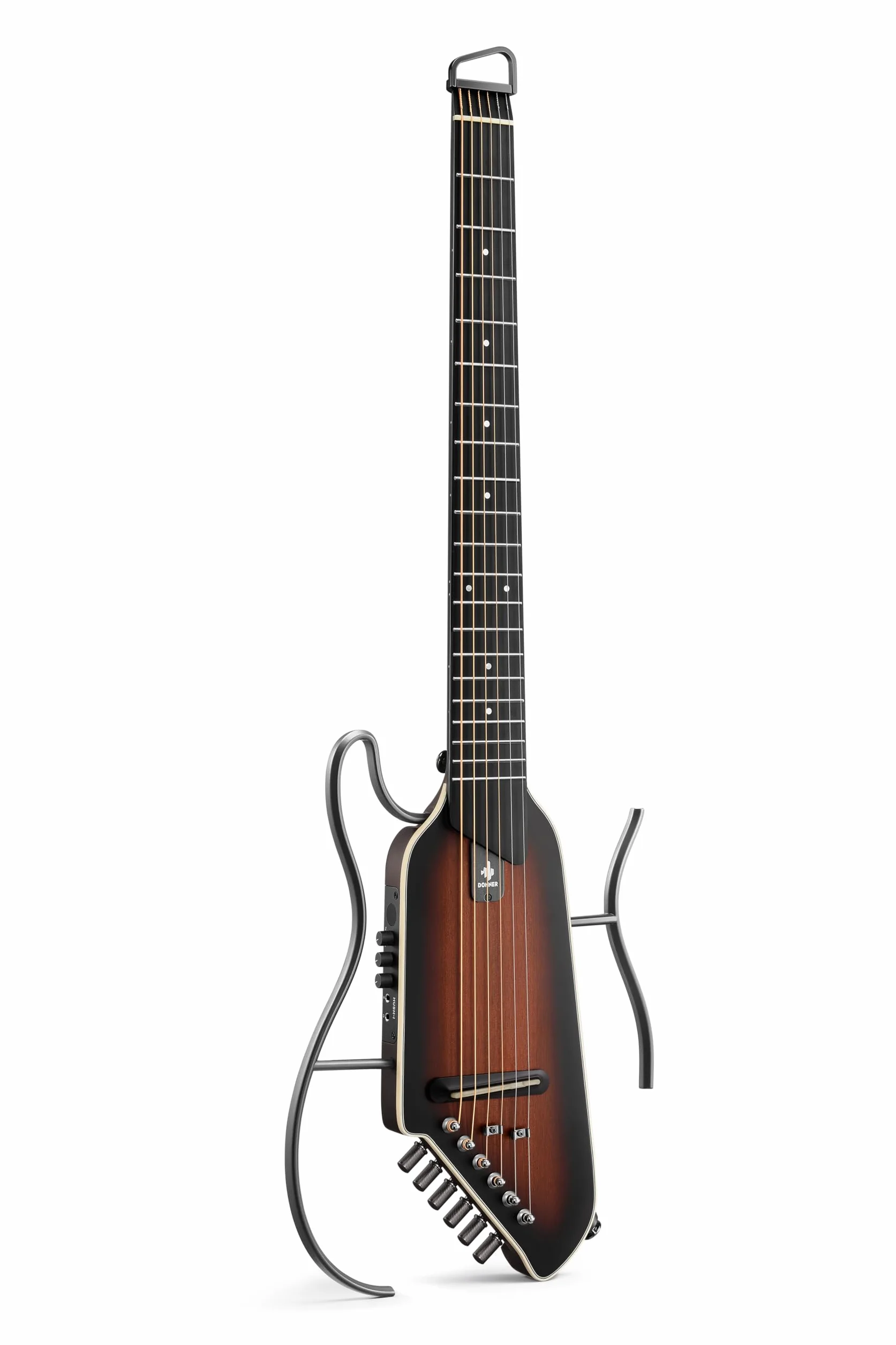 Donner HUSH I EVO2 Guitarra Acústica-Eléctrica de Viaje, Ultraligera, sin Clavijero, con Afinador Integrado, Soportes Desmontables y Salida para Auriculares – Sunburst