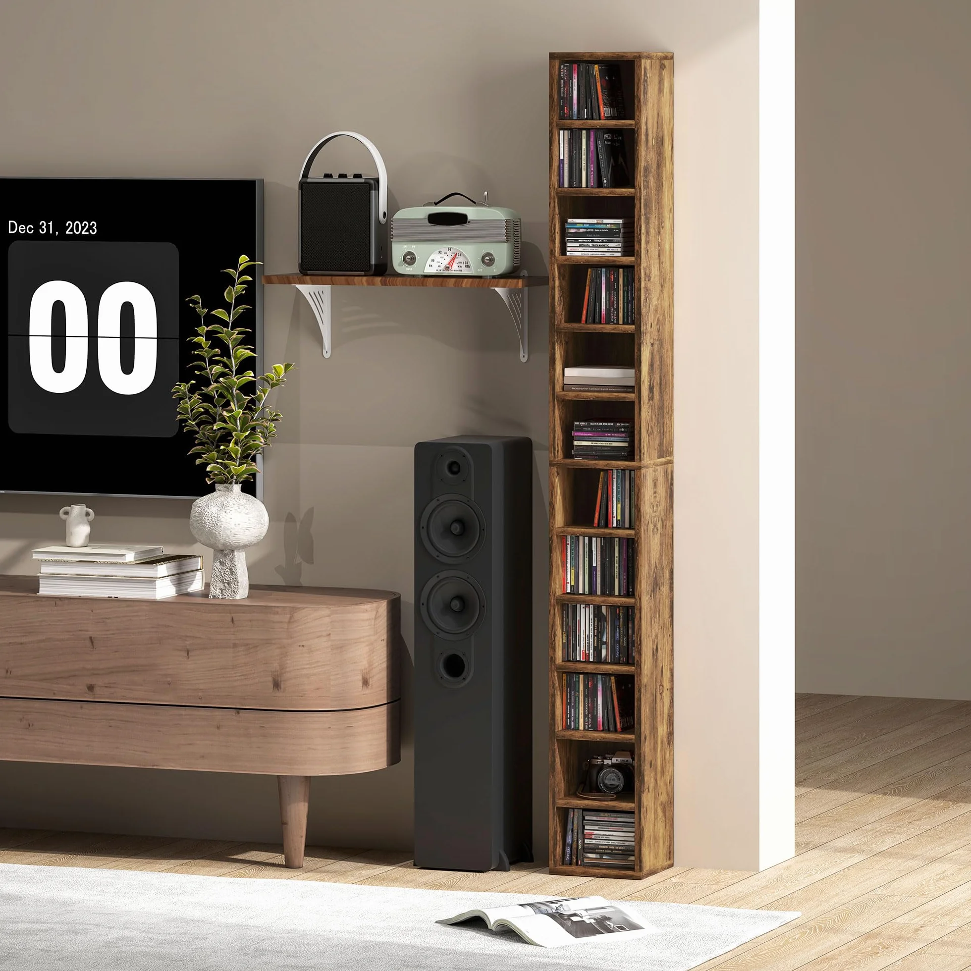 HOMCOM Unidad de almacenamiento para 204 CD, torre de almacenamiento con 12 cubos, estantería de 175 cm de alto para sala de estar, oficina en casa, sala de estudio, marrón rústico