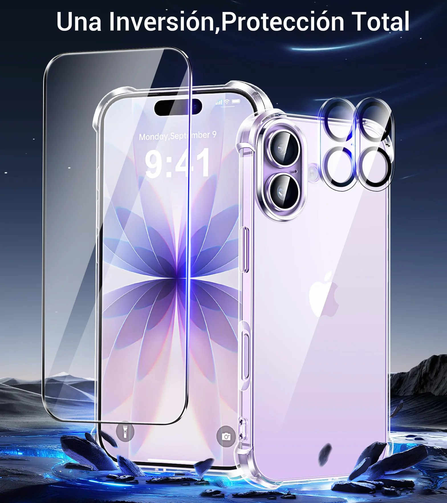 FLLAO 5 en 1 Funda para iPhone 17 con 2 Protector Pantalla y 2 Protector Lente Cámara, [Almohadilla de Aire integrada] Antigolpes Antiarañazos Phone Carcasa 6,3 Pulgadas, Transparente