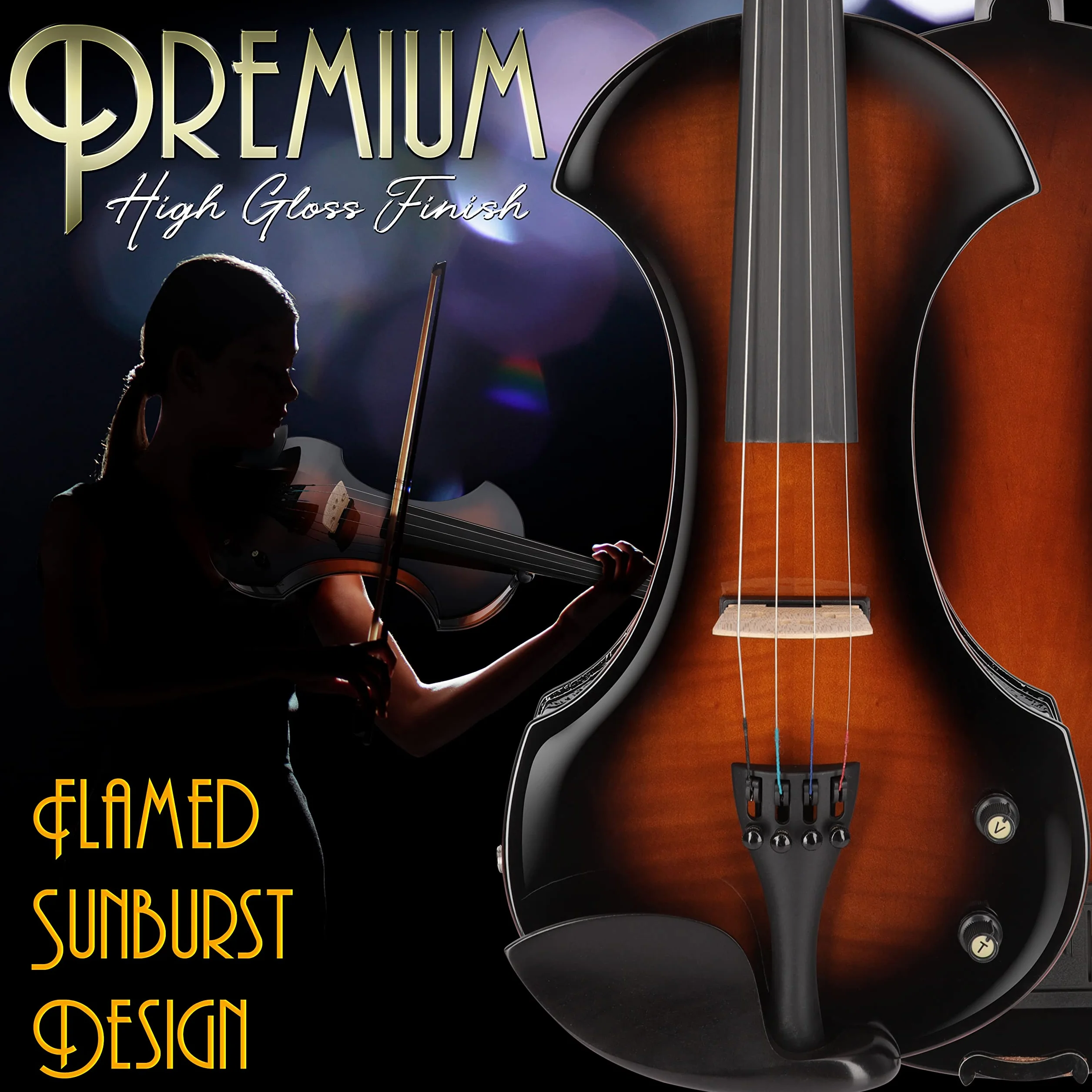 Pyle violin electrico, Silencioso, De tamaño Completo 4/4, Estuche duro, Arco, Accesorios de ebano y afinador digital