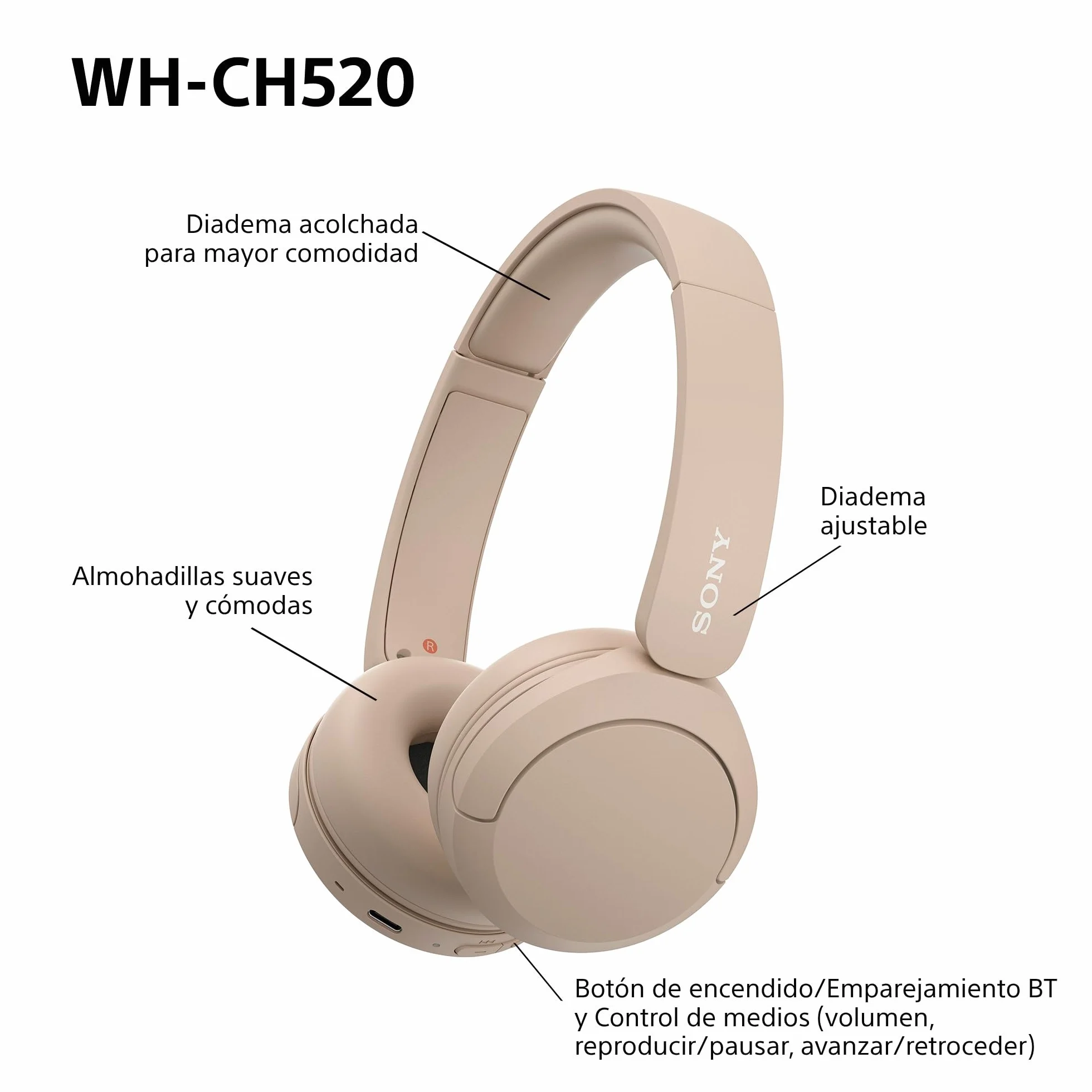 Sony WH-CH520 Auriculares Bluetooth 50 h batería DSEE micrófono integrado Beige