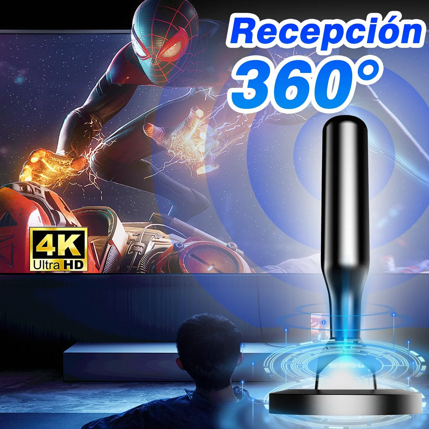 Antena TV Interior HD DVB-T2/DVB-T 4K/1080p Recepción 360° Base Magnética Fuerte