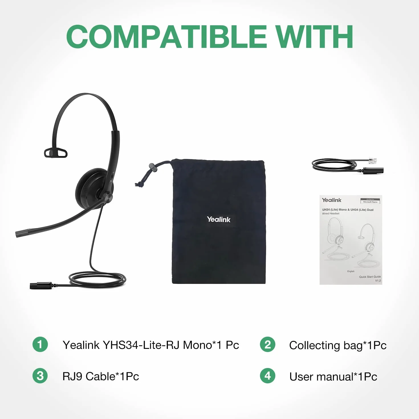 Yealink YHS34 Lite QD Auriculares para teléfonos de oficina con cable RJ9