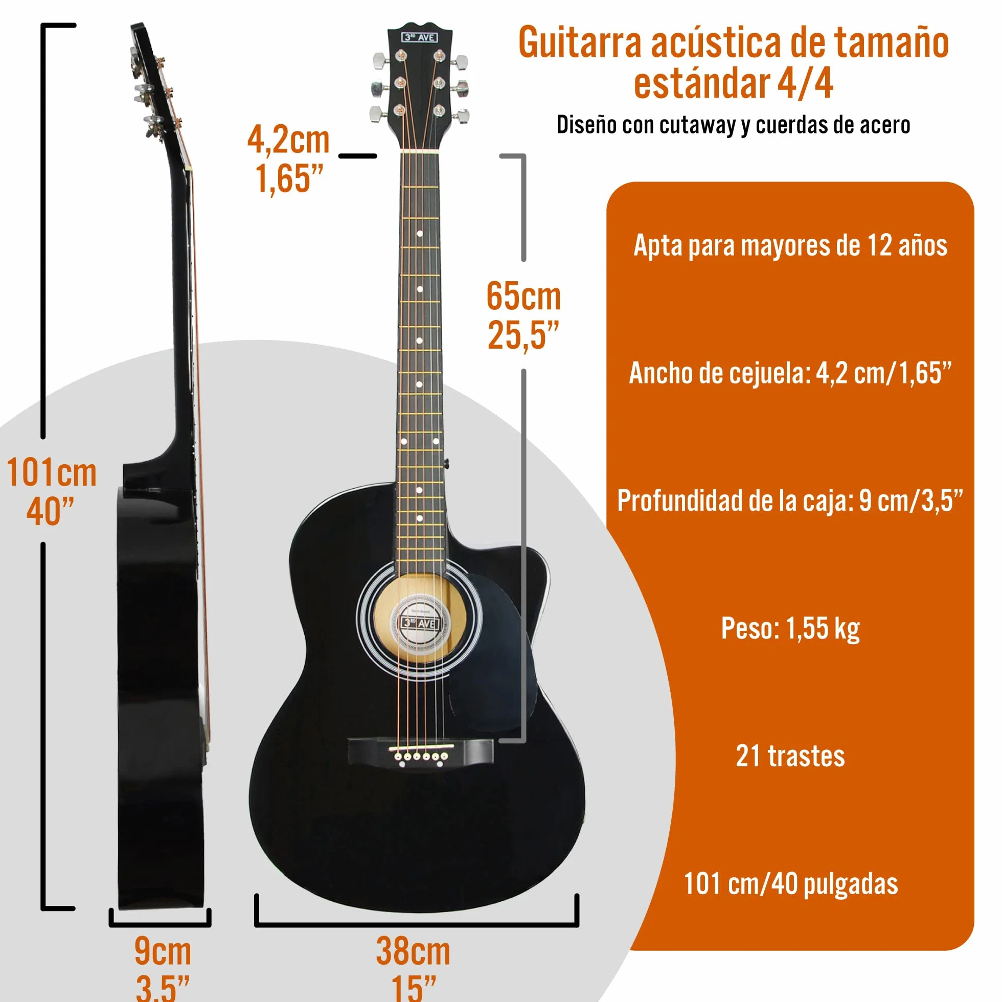 3rd Avenue Pack de guitarra acústica con cortadura de tamaño estándar 4/4 para principiantes de 3rd Avenue, funda de transporte, púas y cuerdas de repuesto, Negro