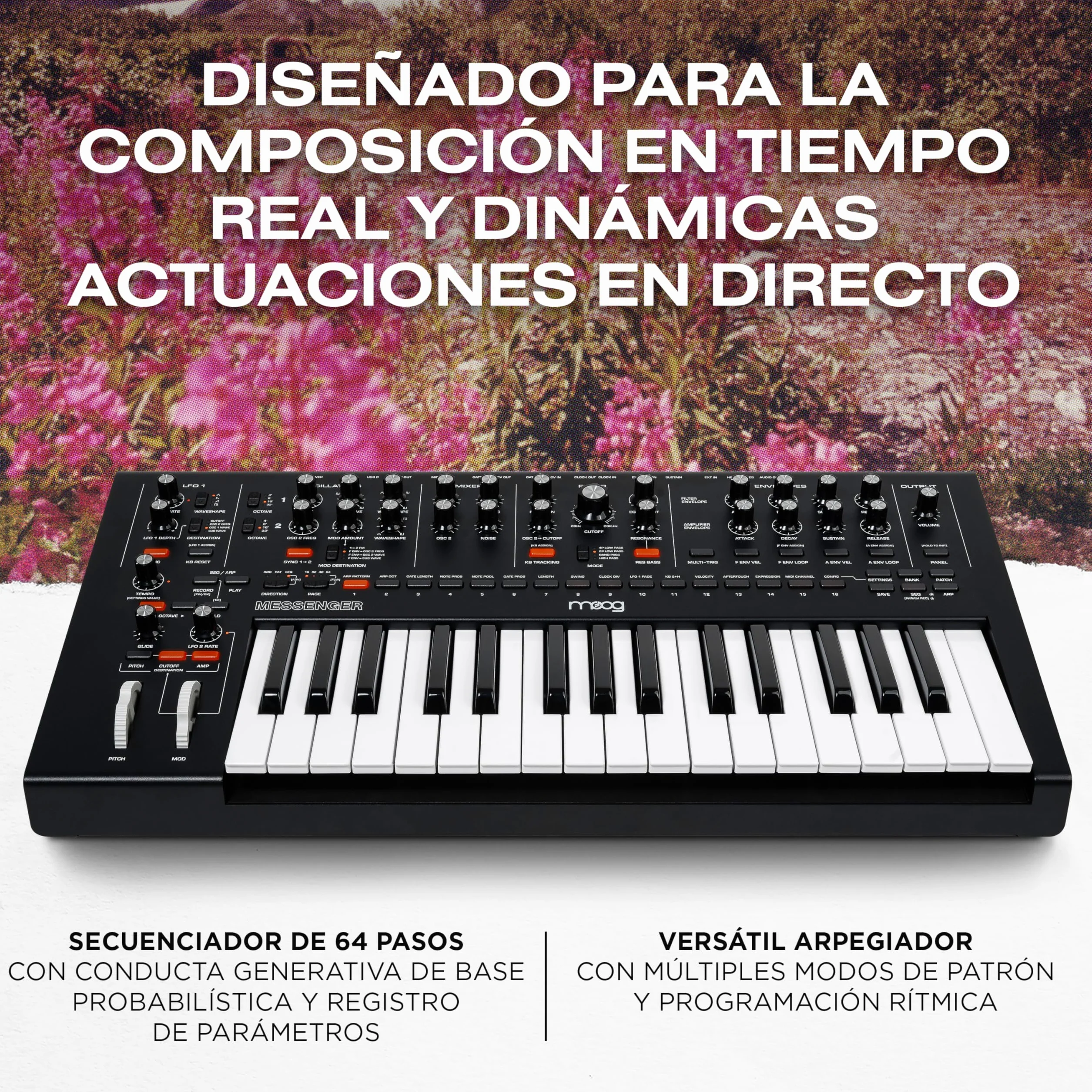 MOOG Messenger - Sintetizador de Teclado Monofónico Analógico Superavanzado, 32 Teclas, Secuenciador de 64 Pasos, 256 Presets y Compensación RES BASS
