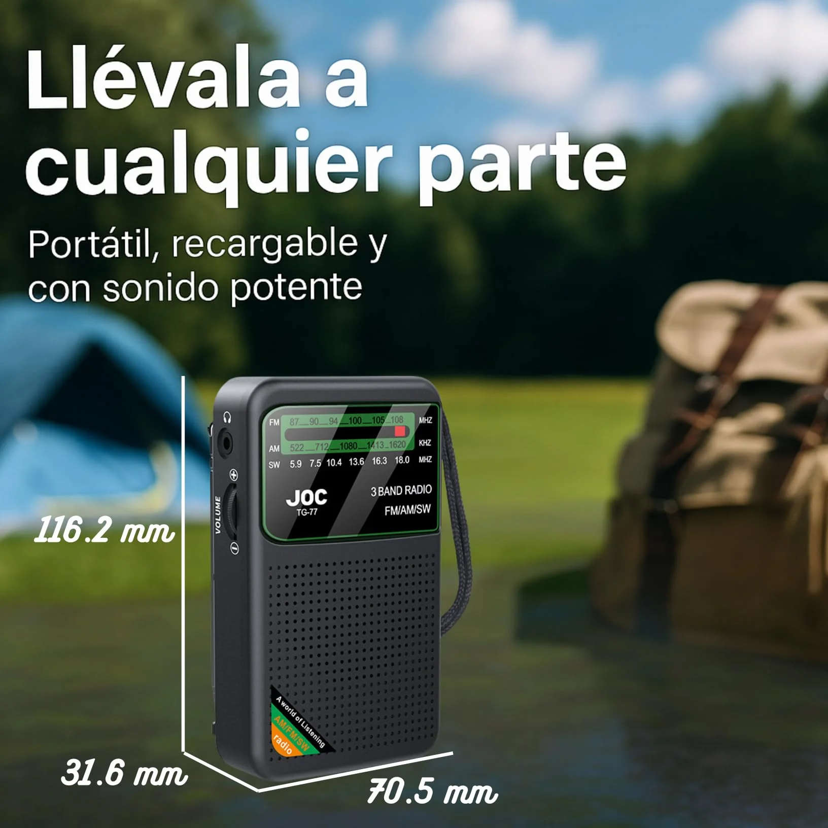 Radio Portátil Recargable Pequeña + Bateria Extra de Regalo, Radio de Bolsillo Pequeña, Carga USB-C, Entrada Auriculares Radio Transistor Analógico Am/FM/SW para Emergencias, Camping y Apagones