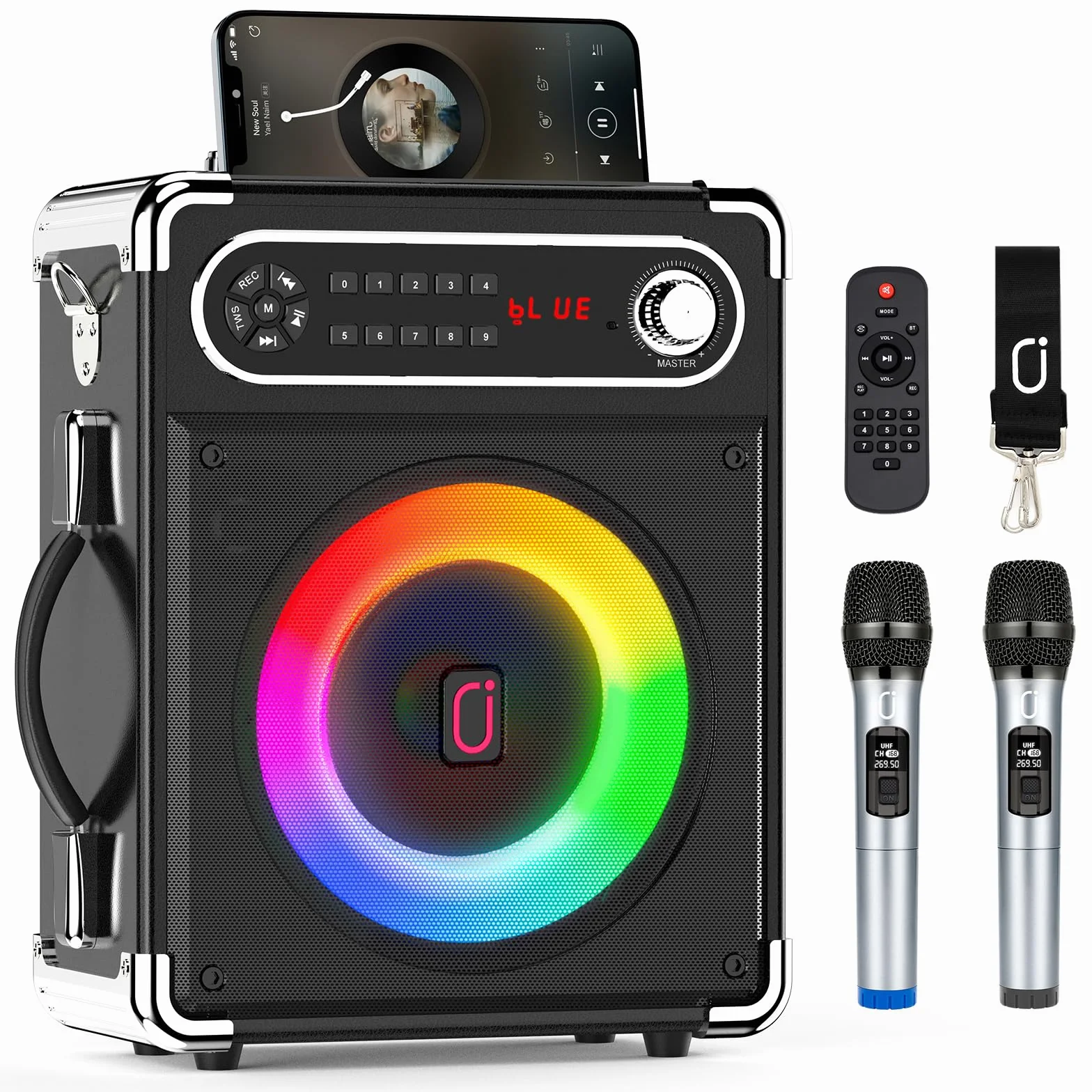 Altavoz Bluetooth, altavoz inalámbrico portátil, caja de música con luces LED de colores mixtos y 2 micrófonos, fuerte con graves potentes, compatible con tarjeta USB/TF/AUX/FM/Rec para fiestas