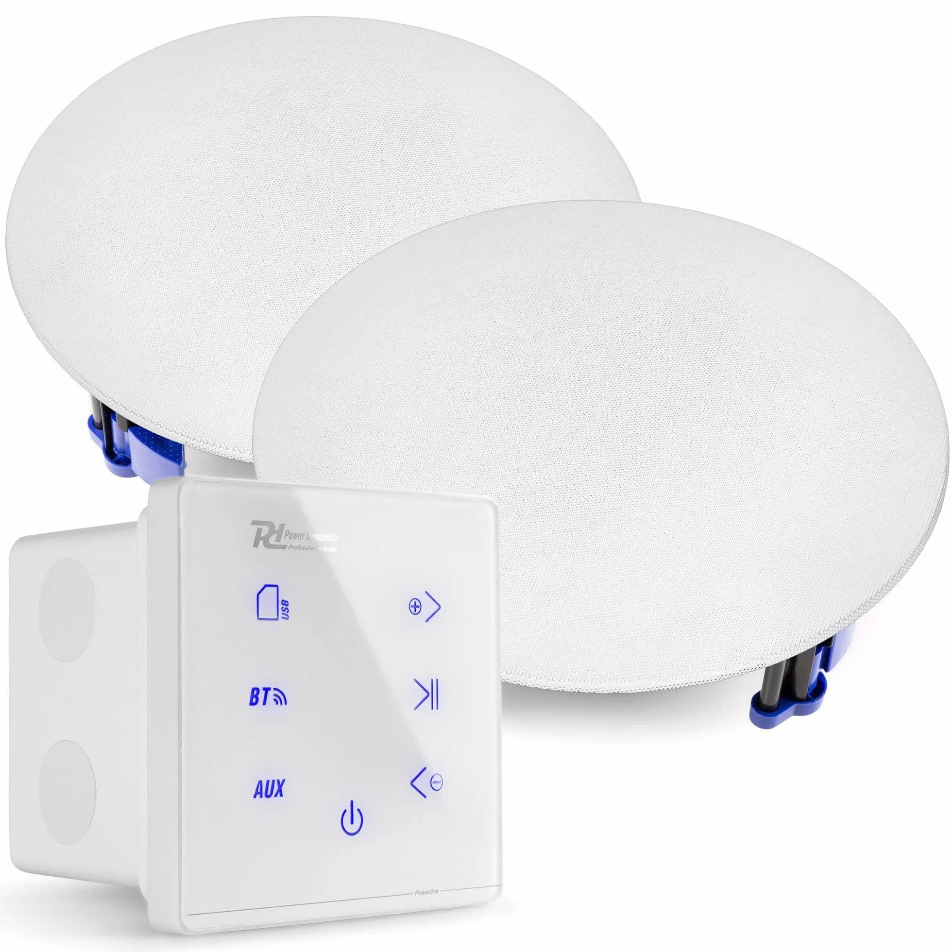 Powerline A50WSet Sistema de Sonido Empotrado con Amplificador Bluetooth 5.0, Pantalla táctil y 2 Altavoces de Techo 6,5", MP3 USB Micro SD, Mando y Caja de empotrar