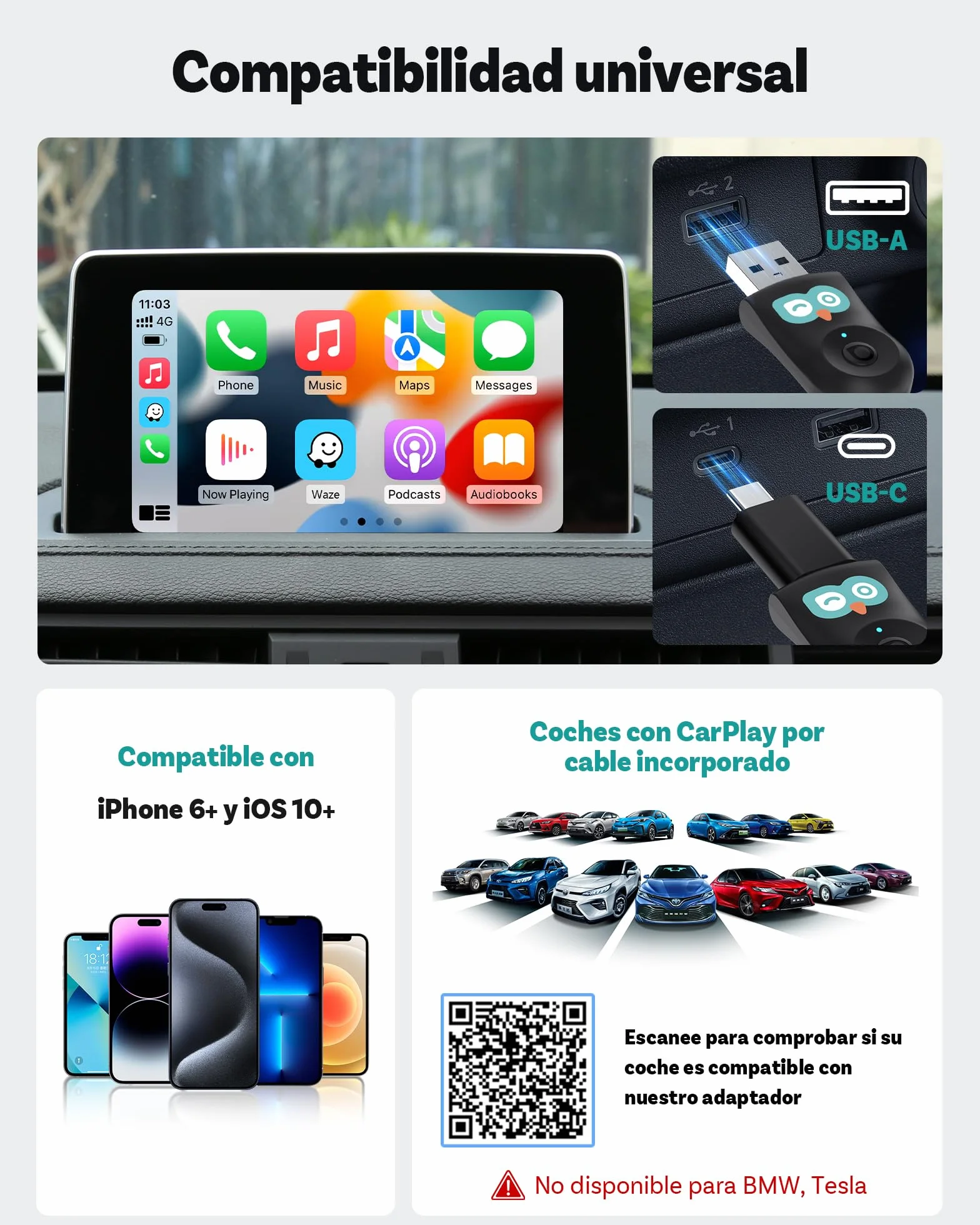 OTTOCAST Cabin Care 2026, CarPlay Inalámbrico + Cámara Trasera de Seguridad para Bebés/Mascotas, 1080P, IR Visión Nocturna, Ultra Gran Angular 150°, Compatible iOS 10+ y Coches con Carplay Desde 2016