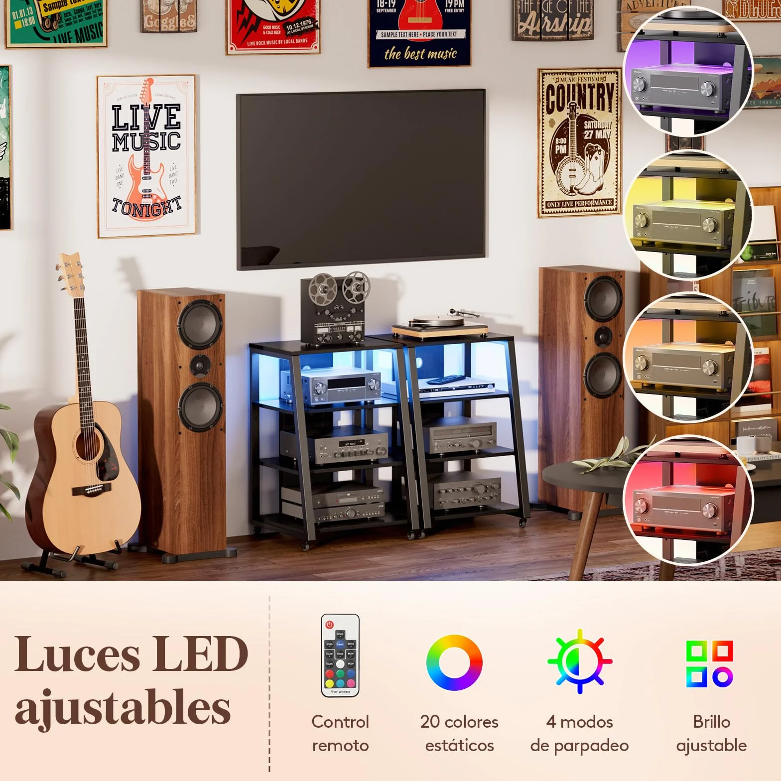 Lifewit 4 Estante Soporte Multimedia AV con Tomas de Corriente, Estantes Estéreo con Luces LED, Ruedas y Estantes Ajustables para Tocadiscos, Rolling Media Console, 60 x 55 x 90 cm, Negro