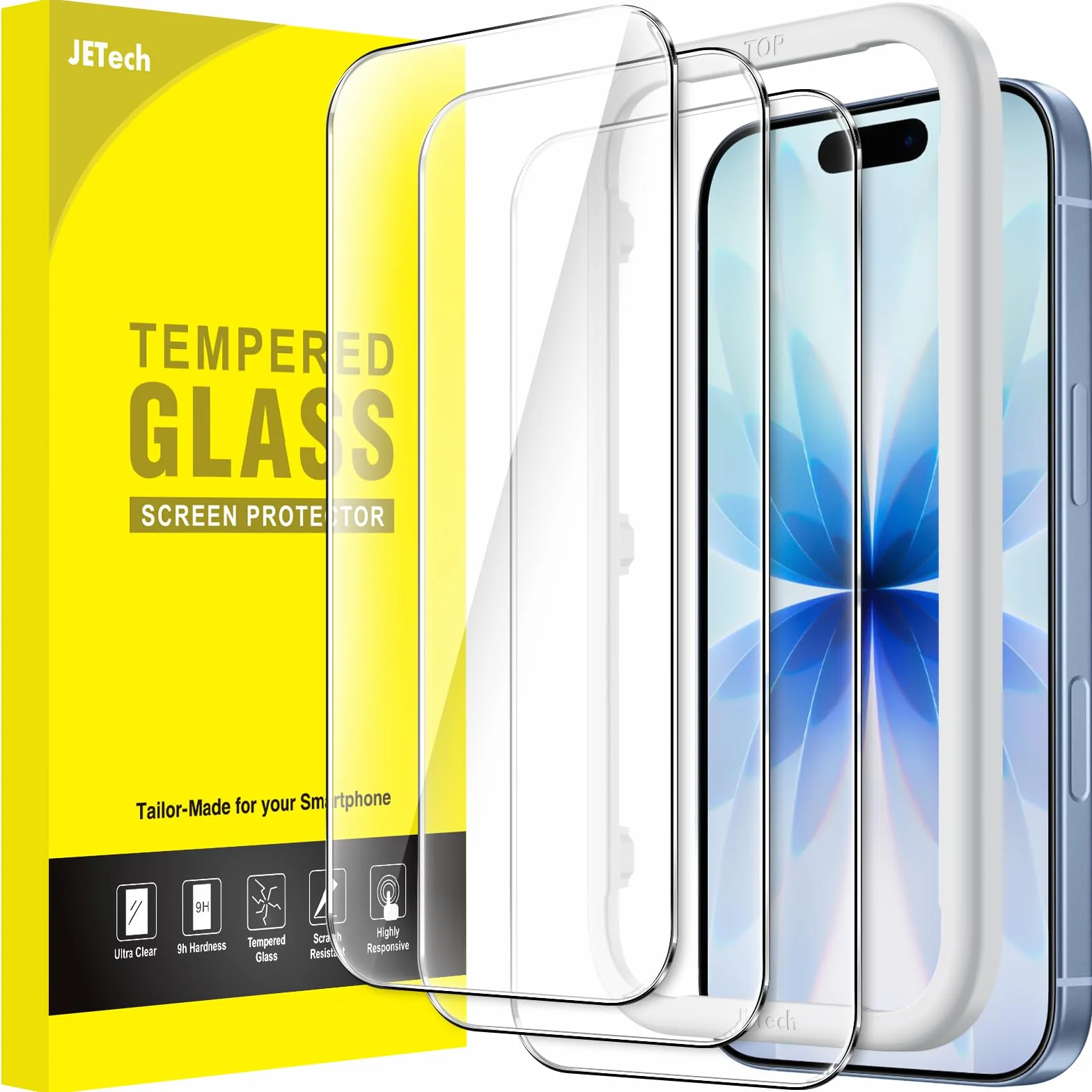 JETech Protector Pantalla para iPhone 17 6,3 Pulgadas, Cristal Vidrio Templado con Marco de Instalación Fácil, 9H Dureza, Amigable para Funda, 3 Unidades