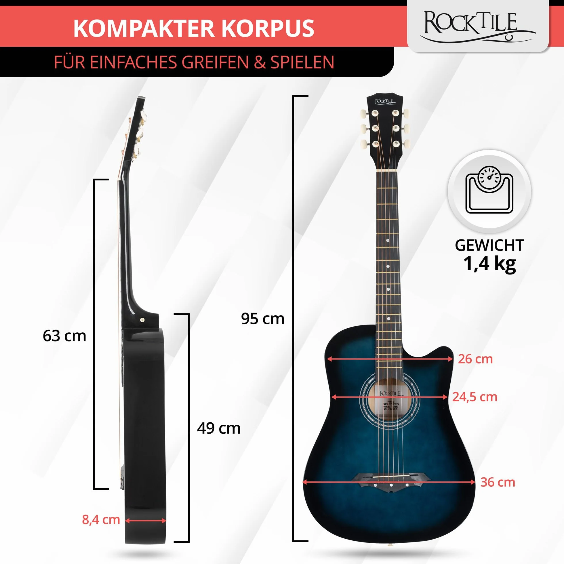 Rocktile WSD-5C-BUB Slim Line Set De Guitarras Western - Guitarra Acústica Dreadnought - Cuerpo De Tilo - Mástil: Catalpa - Set Incluye Funda, Cuerdas De Repuesto, Correa Y Púas - Blueburst