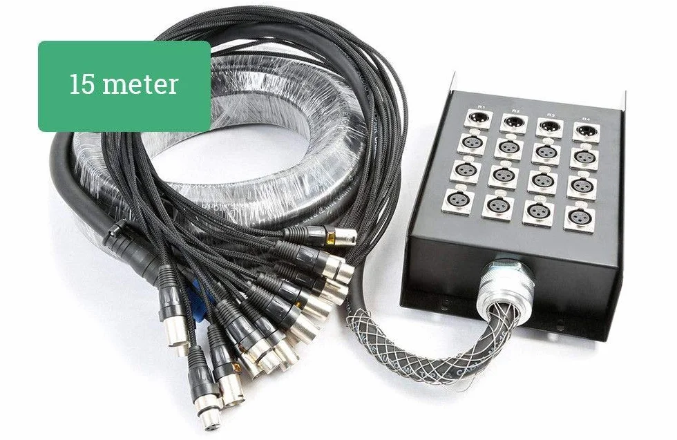 Power Dynamics Cable de audio manguera para escenario con 12 entradas XLR Hembra 4 Salidas XLR macho, cable flexible, cajetín metálico con conectores metálicos de calidad, longitud 15 Metros