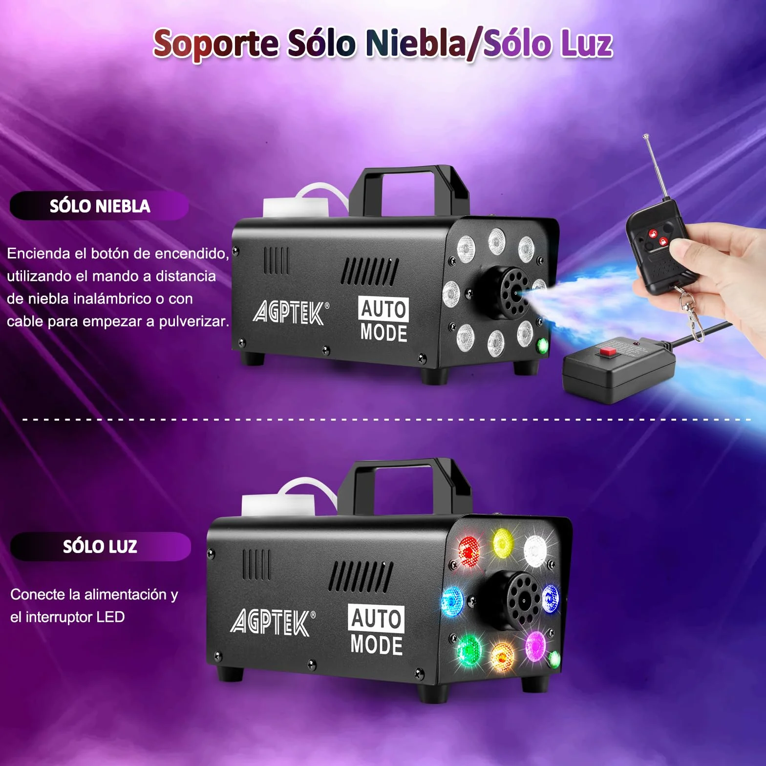 AGPTEK Máquina de humo con mando a distancia inalámbrico y 8 luces LED, estable y portátil, ideal para Halloween, Navidad, bodas, actuaciones en el escenario, etc.