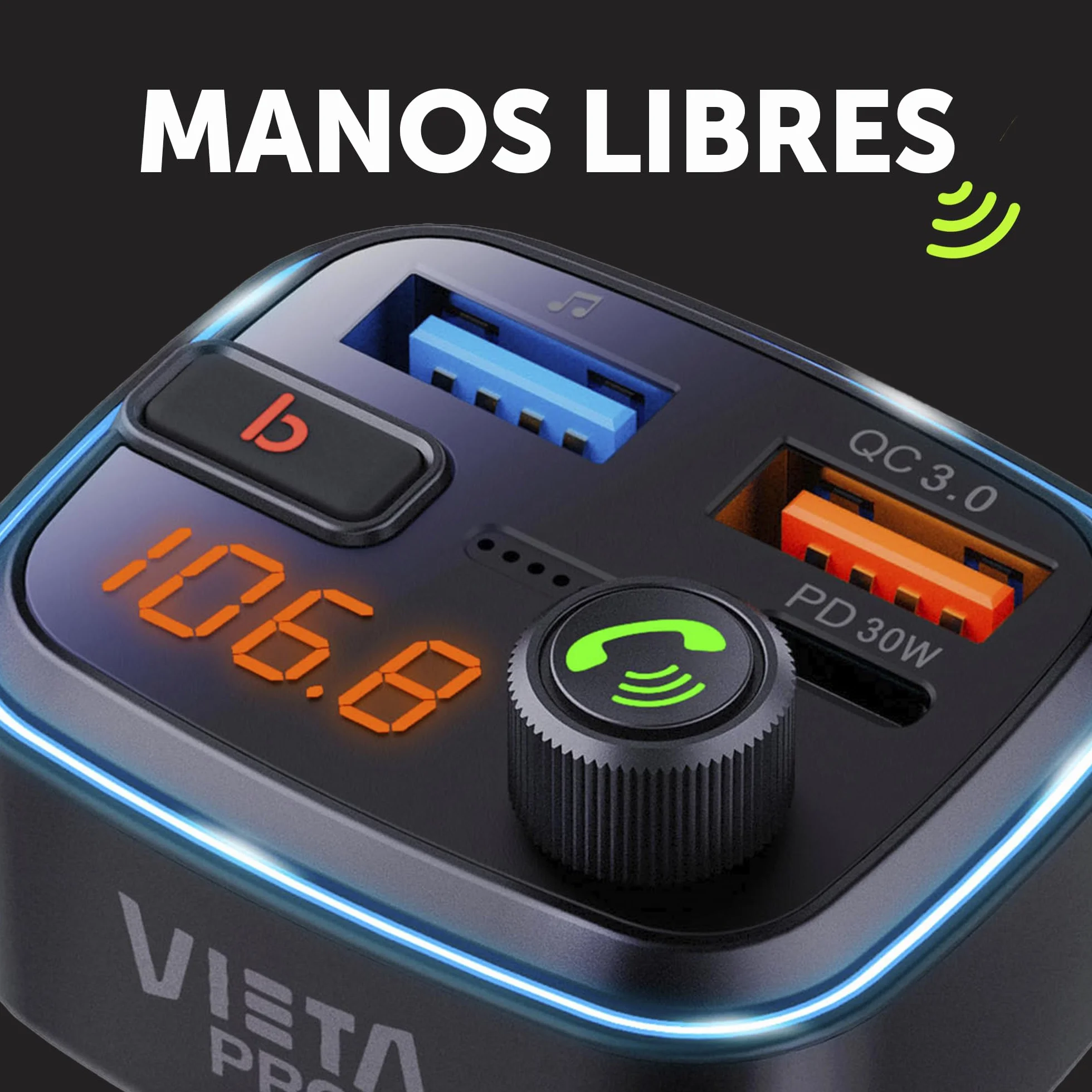 Vieta Pro Transmisor FM Bluetooth Coche 5.3 Manos Libres Cargador Coche QC3.0 USB-C Reproductor MP3