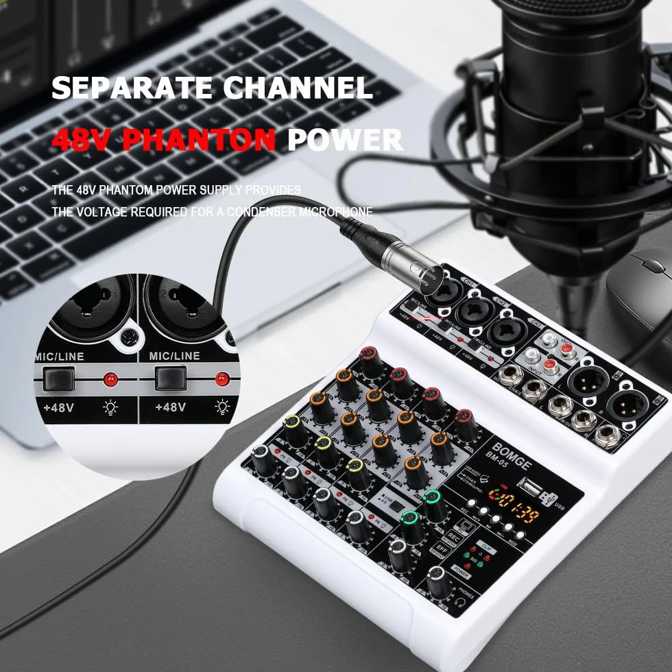 BOMGE Mezclador de audio, consola de mezcla de placa de sonido con 5 canales digitales USB Bluetooth Echo Delay Effect, mezcladores de DJ estéreo con 48V Phantom Power para grabación, transmisión en