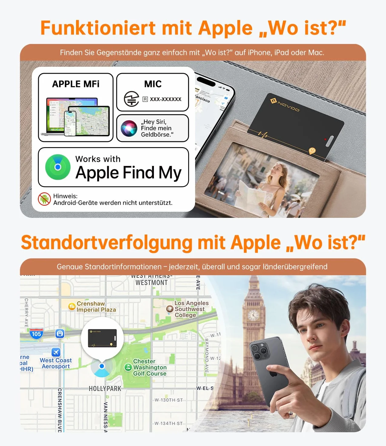 NOVOO Rastreador de billeteras delgadas, paquete de 2 unidades, tarjeta Air Tag con Apple Find My (solo iOS) Smart Bluetooth Localizador de billetera IP68 resistente al agua tarjeta inteligente