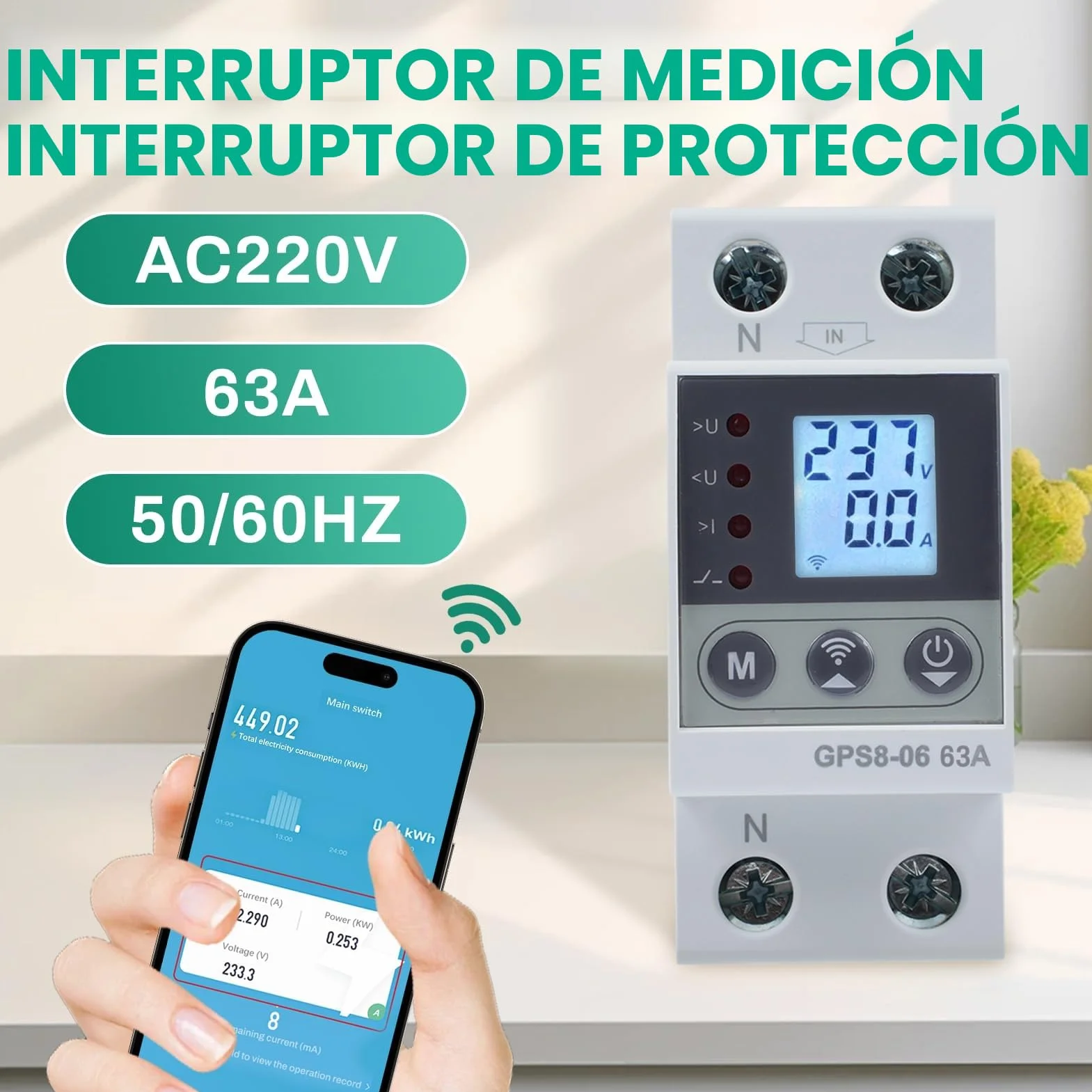 63A Protector sobretensiones WiFi Interruptor contador electrico 2P 220V AC con funcion de autorreajuste de sobretension/subtension y sobrecorriente ajustable.