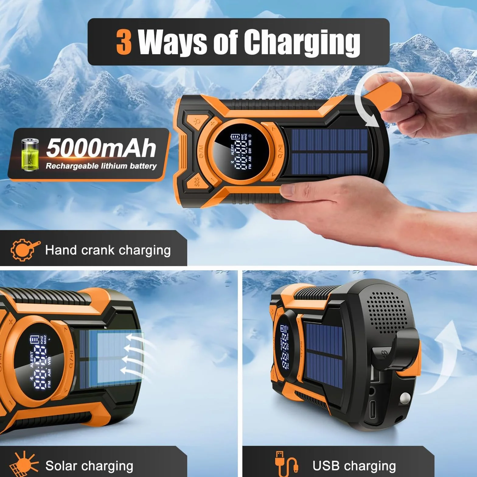Cargador Solar para Movil, FM/Am Radio Portátil de Emergencia con Manivela y 5000mAh Powerbank y Altavoz Bluetooth Linterna LED y SOS Alarma IPX5 Impermeable Pare Radio de Camping al Aire Libre